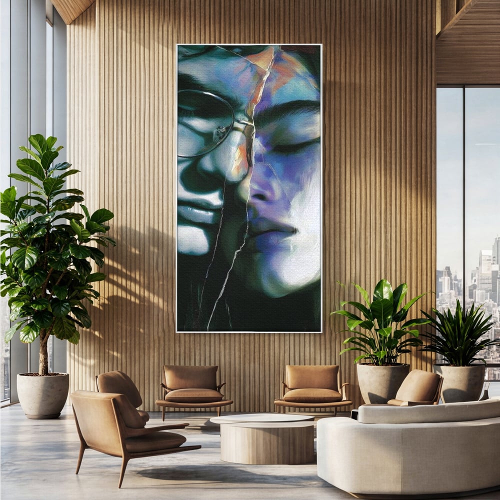 Tablou Canvas Premium, LuxCanva® G1242, Tacerea Dintre Noi, Cioburi, Rupt, Intreg, Iubire, El, Ea, Ochelari, Tacere, Atingeri, Dor, Unire, Fragilitate, Chipuri, Noi, Suflet, Cuplu, Salon, Living, Dormitor