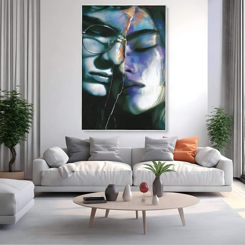 Tablou Canvas Premium, LuxCanva® G1242, Tacerea Dintre Noi, Cioburi, Rupt, Intreg, Iubire, El, Ea, Ochelari, Tacere, Atingeri, Dor, Unire, Fragilitate, Chipuri, Noi, Suflet, Cuplu, Salon, Living, Dormitor