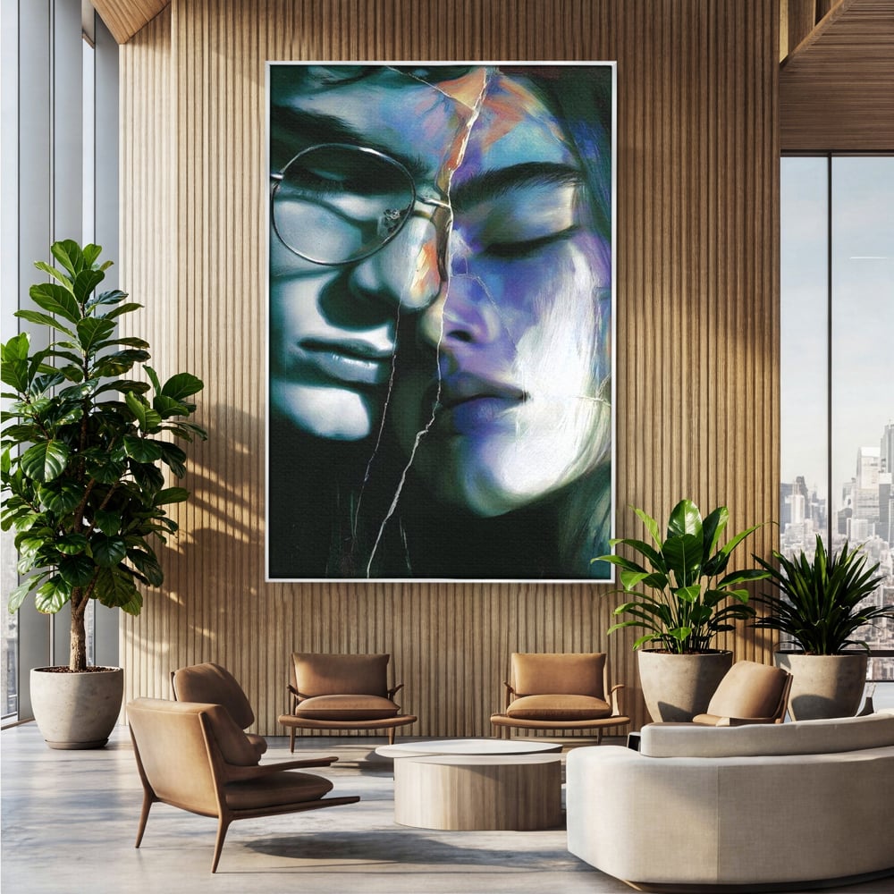 Tablou Canvas Premium, LuxCanva® G1242, Tacerea Dintre Noi, Cioburi, Rupt, Intreg, Iubire, El, Ea, Ochelari, Tacere, Atingeri, Dor, Unire, Fragilitate, Chipuri, Noi, Suflet, Cuplu, Salon, Living, Dormitor