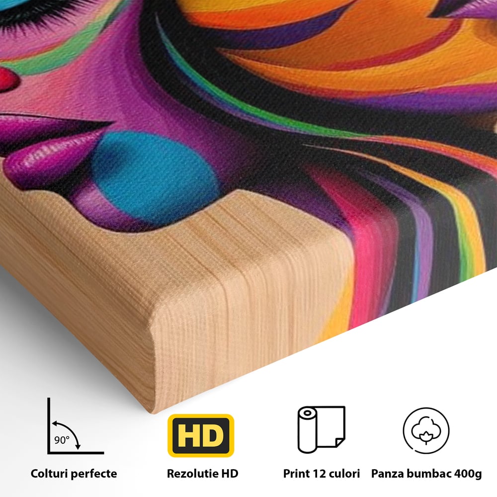Tablou Canvas Premium, LuxCanva® G1244, Dualitate Feminina, Colorat, Emotie, Energie, Suflete, Intrepatruns, Vibrant, Fete, Femei, Spirit, Abstract, Contrast, Perete, Mov, Salon, Living, Dormitor