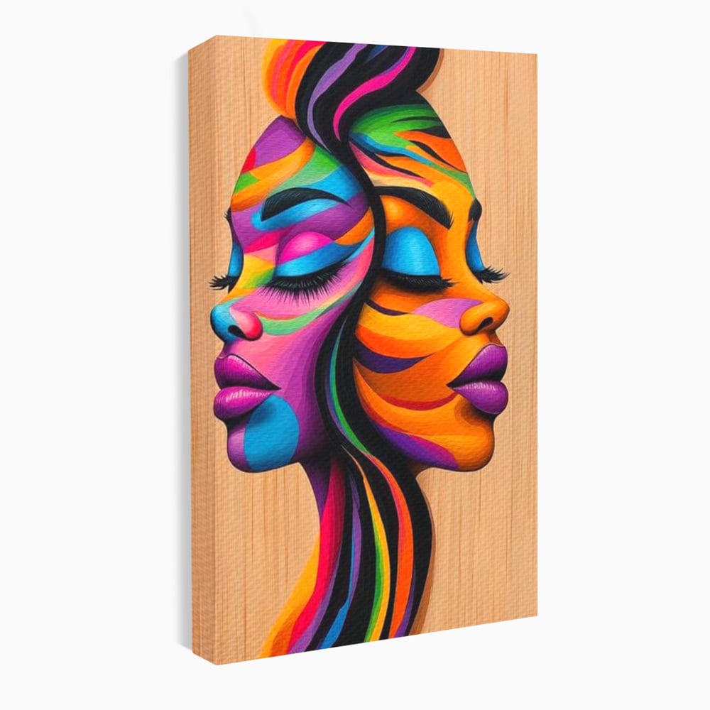 Tablou Canvas Premium, LuxCanva® G1244, Dualitate Feminina, Colorat, Emotie, Energie, Suflete, Intrepatruns, Vibrant, Fete, Femei, Spirit, Abstract, Contrast, Perete, Mov, Salon, Living, Dormitor