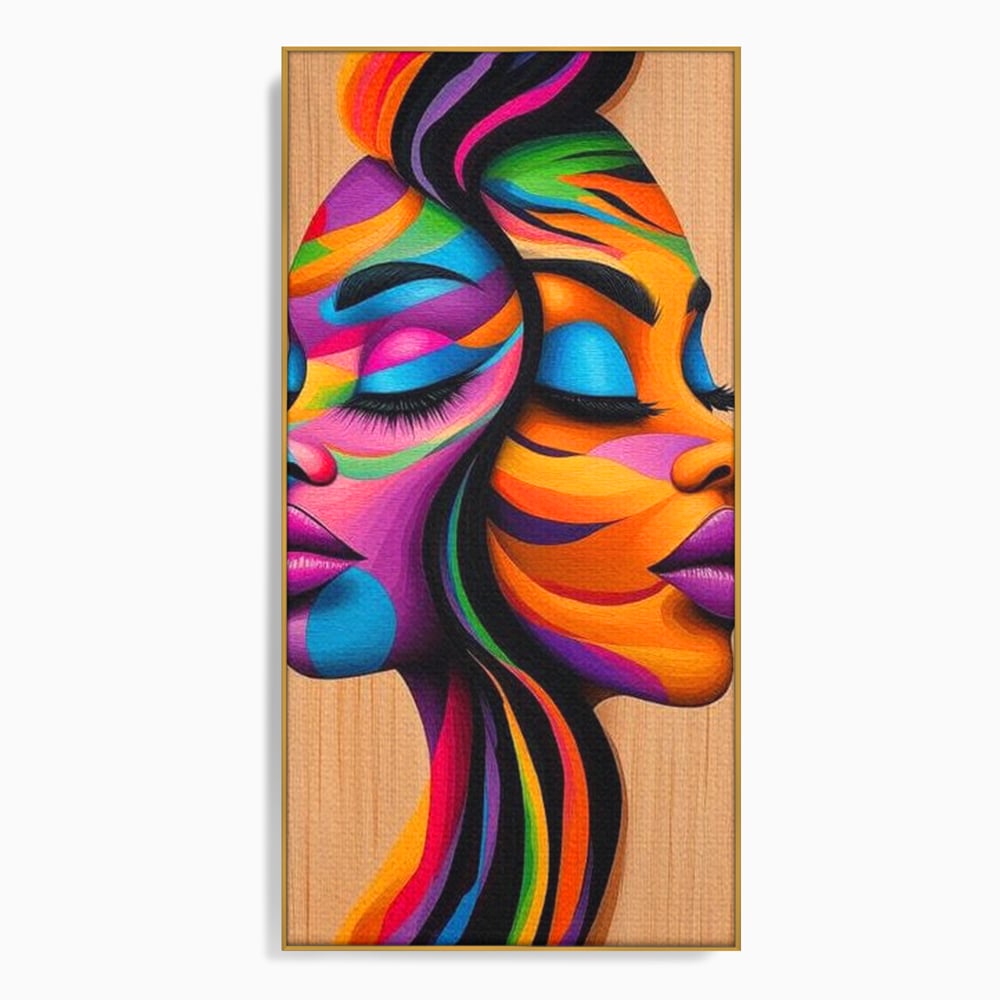 Tablou Canvas Premium, LuxCanva® G1244, Dualitate Feminina, Colorat, Emotie, Energie, Suflete, Intrepatruns, Vibrant, Fete, Femei, Spirit, Abstract, Contrast, Perete, Mov, Salon, Living, Dormitor