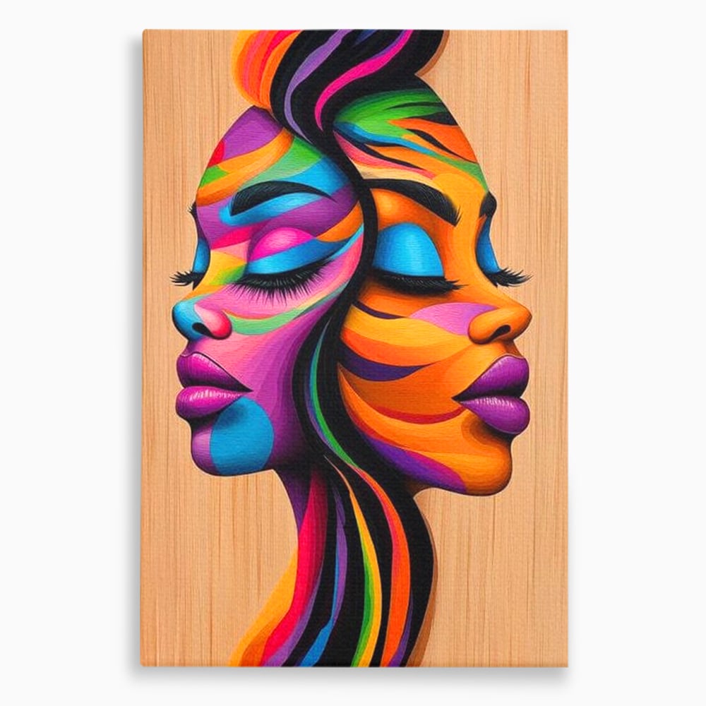 Tablou Canvas Premium, LuxCanva® G1244, Dualitate Feminina, Colorat, Emotie, Energie, Suflete, Intrepatruns, Vibrant, Fete, Femei, Spirit, Abstract, Contrast, Perete, Mov, Salon, Living, Dormitor