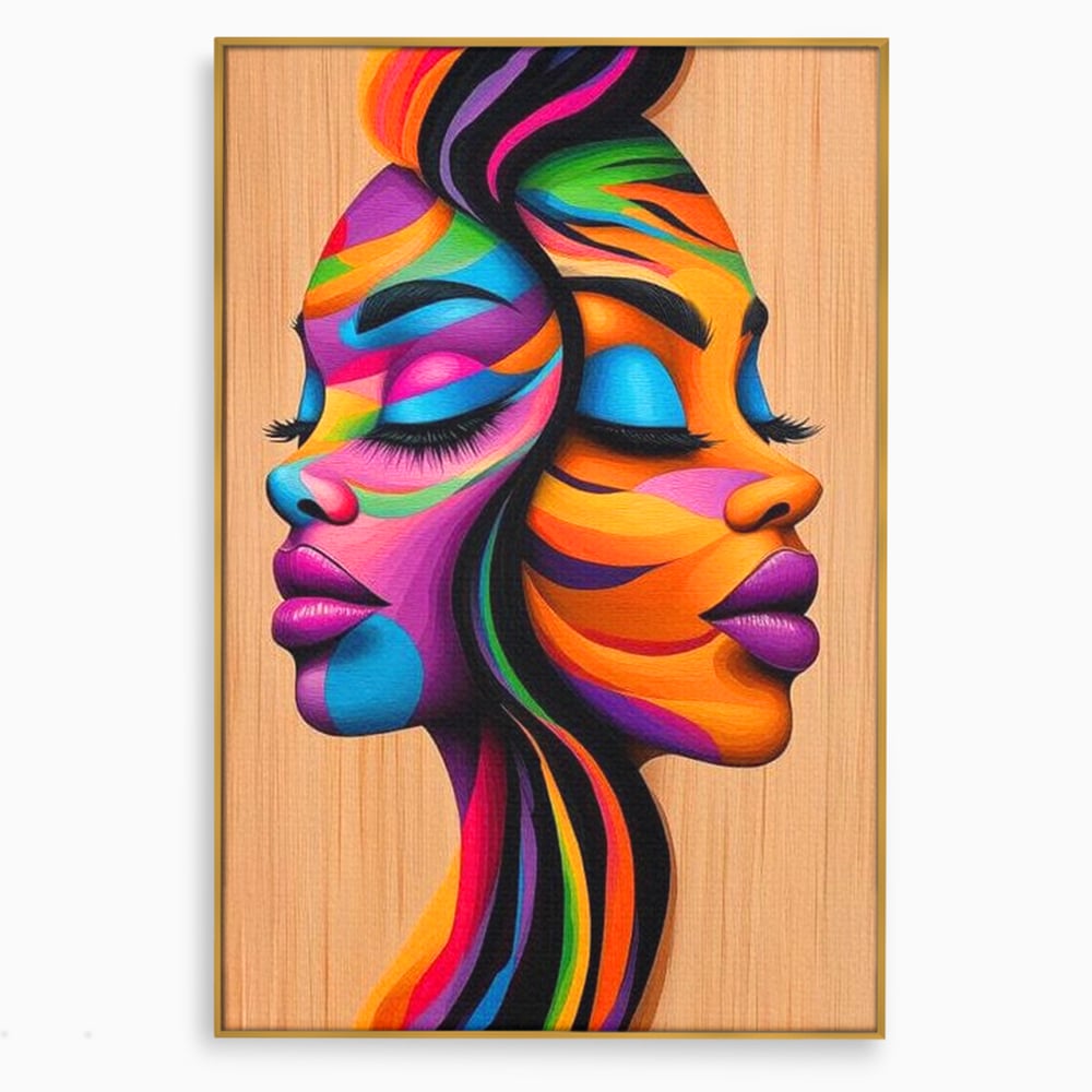 Tablou Canvas Premium, LuxCanva® G1244, Dualitate Feminina, Colorat, Emotie, Energie, Suflete, Intrepatruns, Vibrant, Fete, Femei, Spirit, Abstract, Contrast, Perete, Mov, Salon, Living, Dormitor