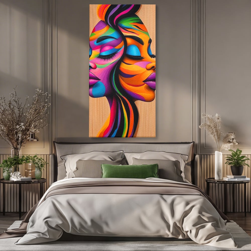 Tablou Canvas Premium, LuxCanva® G1244, Dualitate Feminina, Colorat, Emotie, Energie, Suflete, Intrepatruns, Vibrant, Fete, Femei, Spirit, Abstract, Contrast, Perete, Mov, Salon, Living, Dormitor