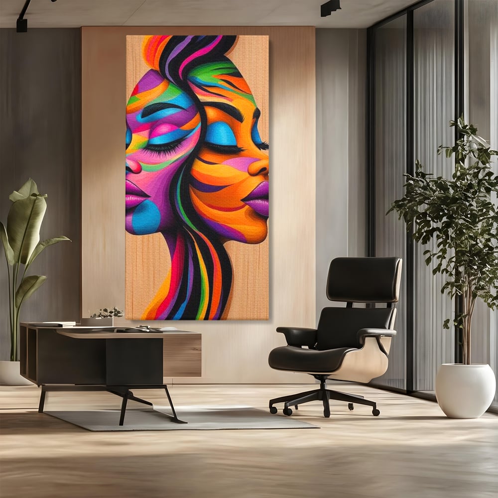 Tablou Canvas Premium, LuxCanva® G1244, Dualitate Feminina, Colorat, Emotie, Energie, Suflete, Intrepatruns, Vibrant, Fete, Femei, Spirit, Abstract, Contrast, Perete, Mov, Salon, Living, Dormitor