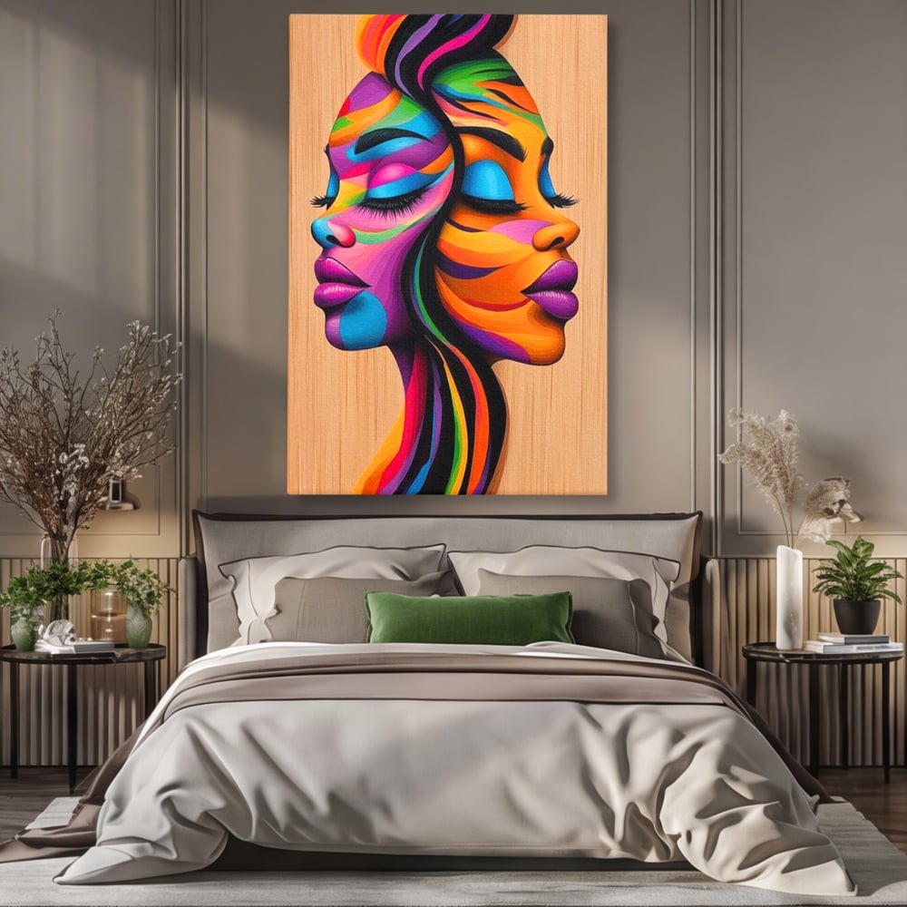 Tablou Canvas Premium, LuxCanva® G1244, Dualitate Feminina, Colorat, Emotie, Energie, Suflete, Intrepatruns, Vibrant, Fete, Femei, Spirit, Abstract, Contrast, Perete, Mov, Salon, Living, Dormitor