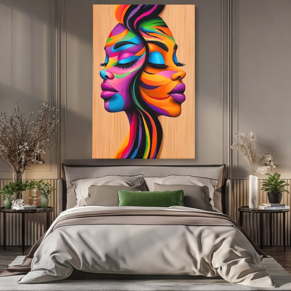 Tablou Canvas Premium, LuxCanva® G1244, Dualitate Feminina, Colorat, Emotie, Energie, Suflete, Intrepatruns, Vibrant, Fete, Femei, Spirit, Abstract, Contrast, Perete, Mov, Salon, Living, Dormitor