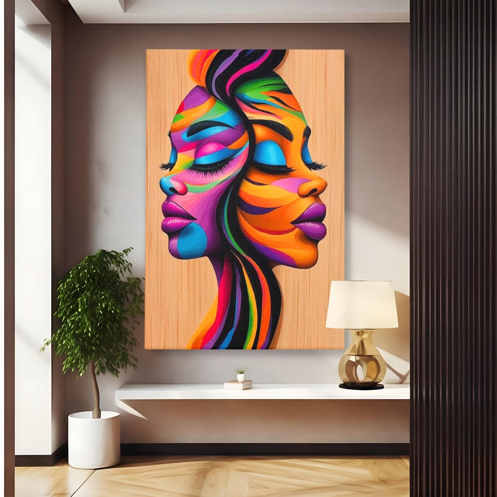 Tablou Canvas Premium, LuxCanva® G1244, Dualitate Feminina, Colorat, Emotie, Energie, Suflete, Intrepatruns, Vibrant, Fete, Femei, Spirit, Abstract, Contrast, Perete, Mov, Salon, Living, Dormitor