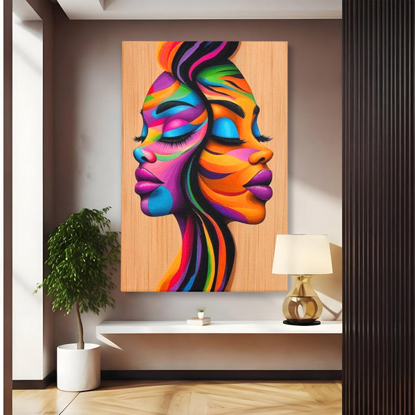 Tablou Canvas Premium, LuxCanva® G1244, Dualitate Feminina, Colorat, Emotie, Energie, Suflete, Intrepatruns, Vibrant, Fete, Femei, Spirit, Abstract, Contrast, Perete, Mov, Salon, Living, Dormitor