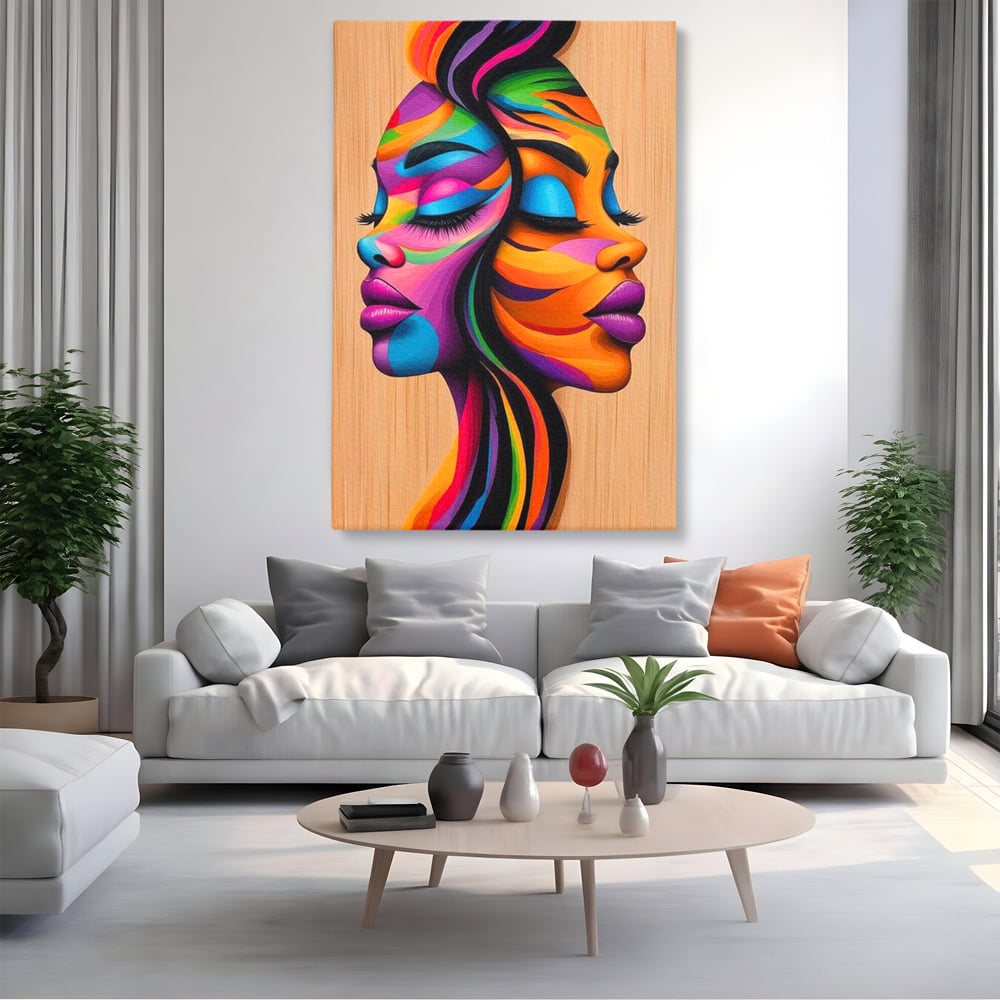 Tablou Canvas Premium, LuxCanva® G1244, Dualitate Feminina, Colorat, Emotie, Energie, Suflete, Intrepatruns, Vibrant, Fete, Femei, Spirit, Abstract, Contrast, Perete, Mov, Salon, Living, Dormitor
