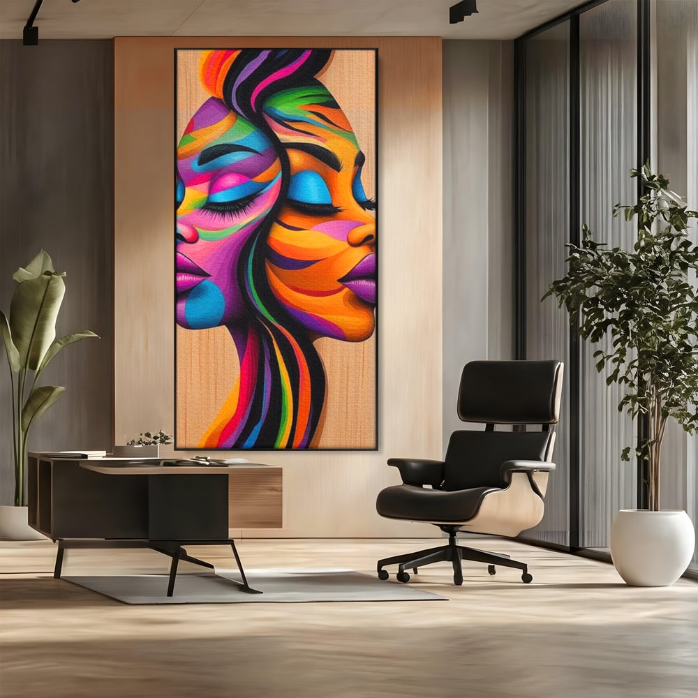 Tablou Canvas Premium, LuxCanva® G1244, Dualitate Feminina, Colorat, Emotie, Energie, Suflete, Intrepatruns, Vibrant, Fete, Femei, Spirit, Abstract, Contrast, Perete, Mov, Salon, Living, Dormitor