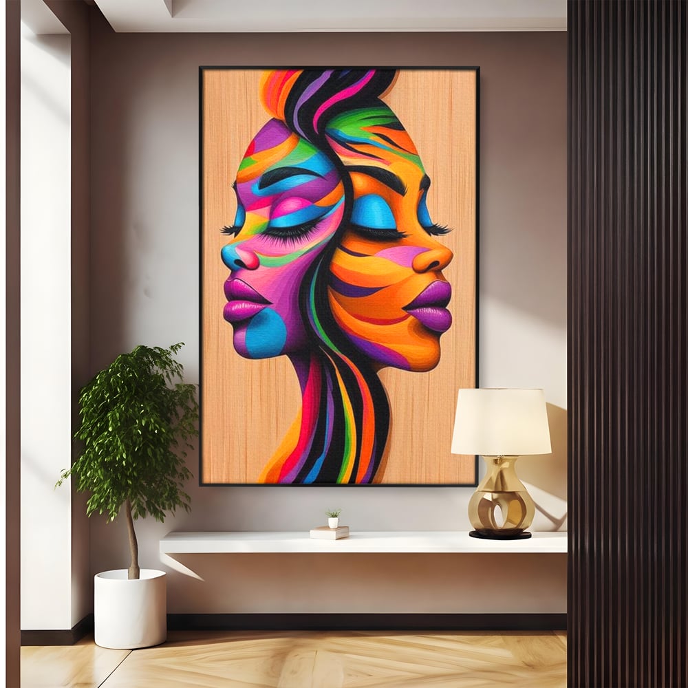 Tablou Canvas Premium, LuxCanva® G1244, Dualitate Feminina, Colorat, Emotie, Energie, Suflete, Intrepatruns, Vibrant, Fete, Femei, Spirit, Abstract, Contrast, Perete, Mov, Salon, Living, Dormitor