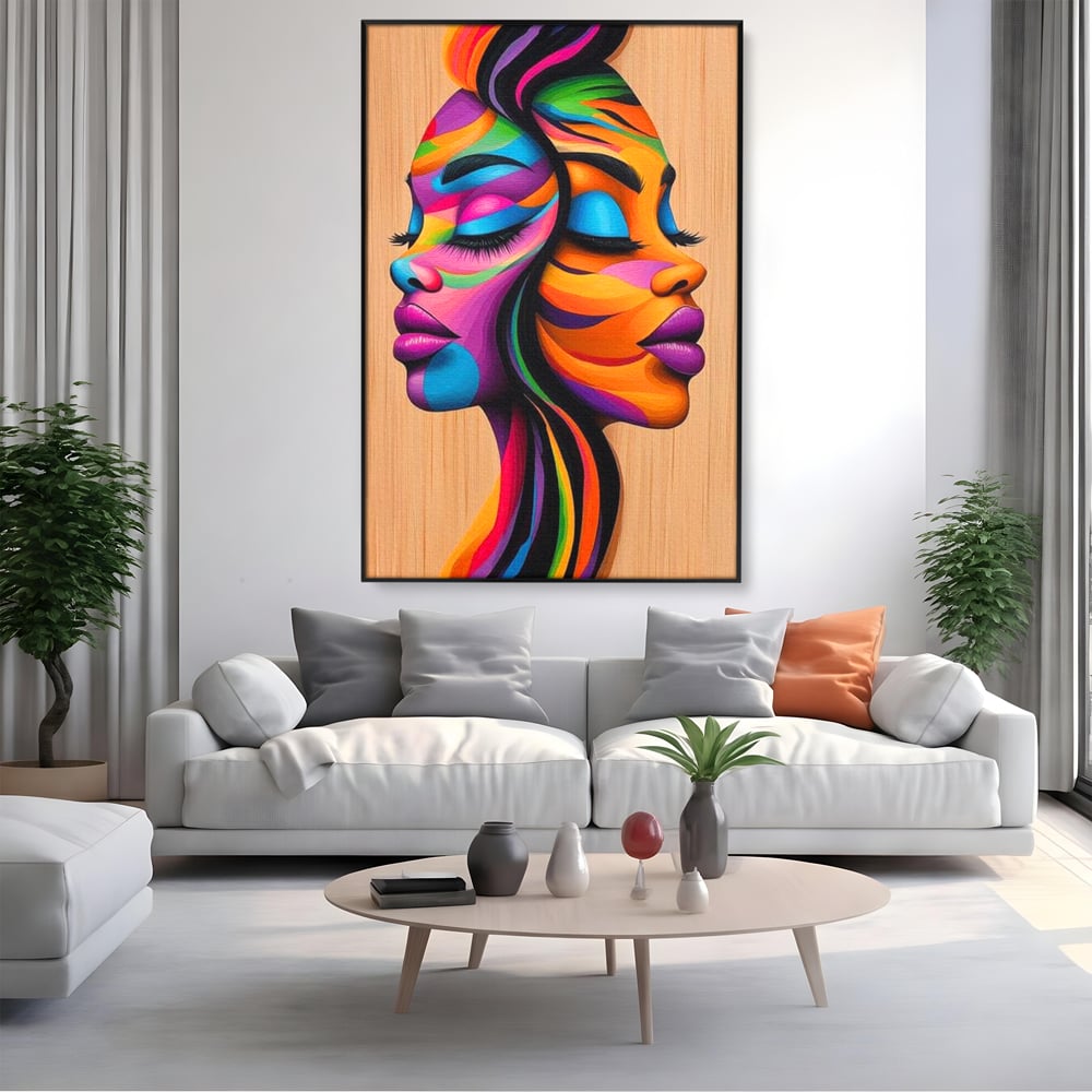 Tablou Canvas Premium, LuxCanva® G1244, Dualitate Feminina, Colorat, Emotie, Energie, Suflete, Intrepatruns, Vibrant, Fete, Femei, Spirit, Abstract, Contrast, Perete, Mov, Salon, Living, Dormitor