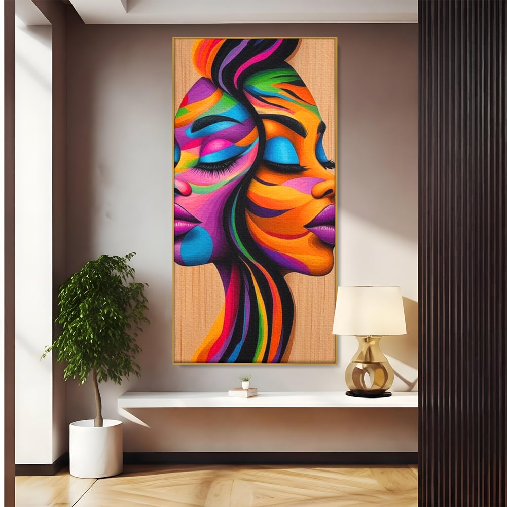 Tablou Canvas Premium, LuxCanva® G1244, Dualitate Feminina, Colorat, Emotie, Energie, Suflete, Intrepatruns, Vibrant, Fete, Femei, Spirit, Abstract, Contrast, Perete, Mov, Salon, Living, Dormitor