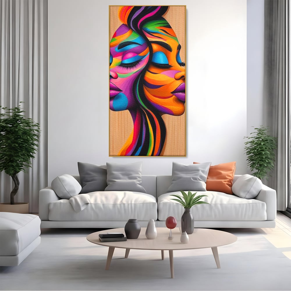 Tablou Canvas Premium, LuxCanva® G1244, Dualitate Feminina, Colorat, Emotie, Energie, Suflete, Intrepatruns, Vibrant, Fete, Femei, Spirit, Abstract, Contrast, Perete, Mov, Salon, Living, Dormitor