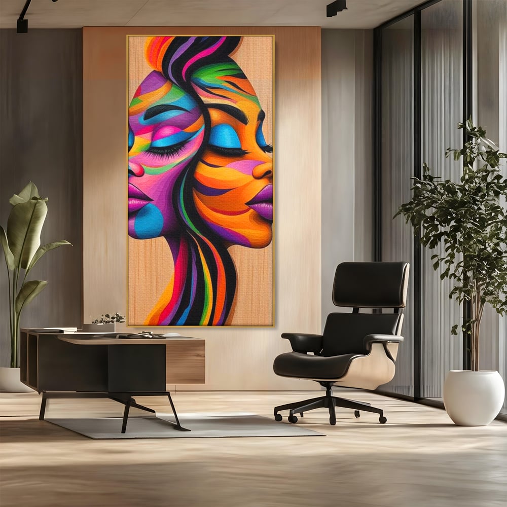 Tablou Canvas Premium, LuxCanva® G1244, Dualitate Feminina, Colorat, Emotie, Energie, Suflete, Intrepatruns, Vibrant, Fete, Femei, Spirit, Abstract, Contrast, Perete, Mov, Salon, Living, Dormitor