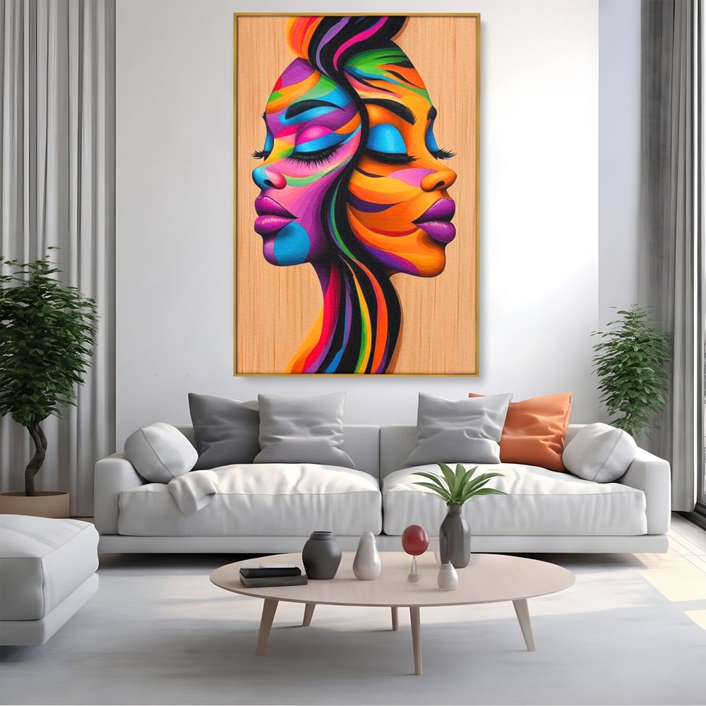 Tablou Canvas Premium, LuxCanva® G1244, Dualitate Feminina, Colorat, Emotie, Energie, Suflete, Intrepatruns, Vibrant, Fete, Femei, Spirit, Abstract, Contrast, Perete, Mov, Salon, Living, Dormitor