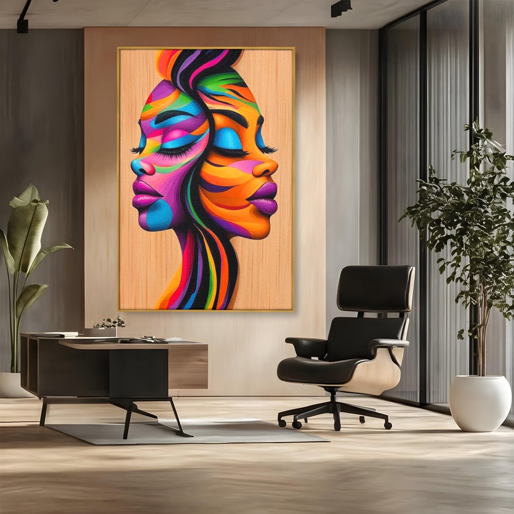 Tablou Canvas Premium, LuxCanva® G1244, Dualitate Feminina, Colorat, Emotie, Energie, Suflete, Intrepatruns, Vibrant, Fete, Femei, Spirit, Abstract, Contrast, Perete, Mov, Salon, Living, Dormitor