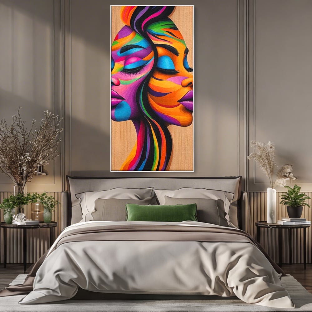 Tablou Canvas Premium, LuxCanva® G1244, Dualitate Feminina, Colorat, Emotie, Energie, Suflete, Intrepatruns, Vibrant, Fete, Femei, Spirit, Abstract, Contrast, Perete, Mov, Salon, Living, Dormitor