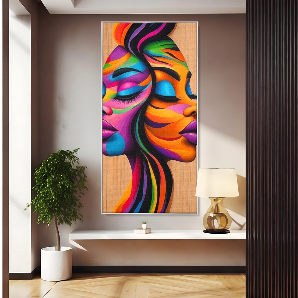 Tablou Canvas Premium, LuxCanva® G1244, Dualitate Feminina, Colorat, Emotie, Energie, Suflete, Intrepatruns, Vibrant, Fete, Femei, Spirit, Abstract, Contrast, Perete, Mov, Salon, Living, Dormitor