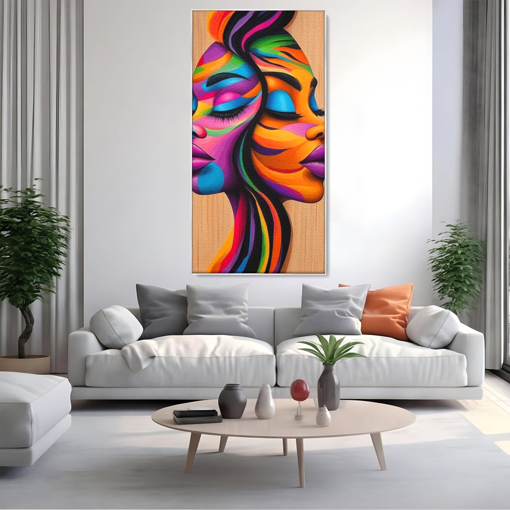 Tablou Canvas Premium, LuxCanva® G1244, Dualitate Feminina, Colorat, Emotie, Energie, Suflete, Intrepatruns, Vibrant, Fete, Femei, Spirit, Abstract, Contrast, Perete, Mov, Salon, Living, Dormitor