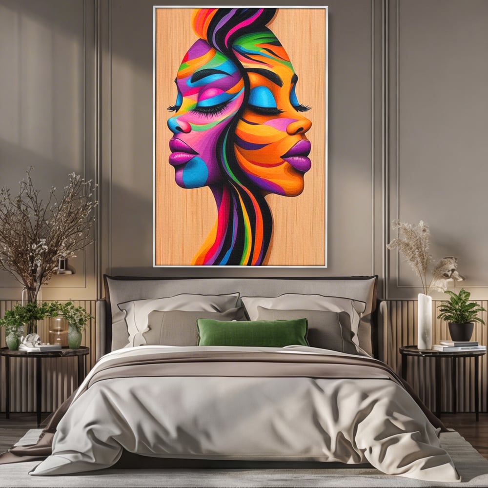 Tablou Canvas Premium, LuxCanva® G1244, Dualitate Feminina, Colorat, Emotie, Energie, Suflete, Intrepatruns, Vibrant, Fete, Femei, Spirit, Abstract, Contrast, Perete, Mov, Salon, Living, Dormitor