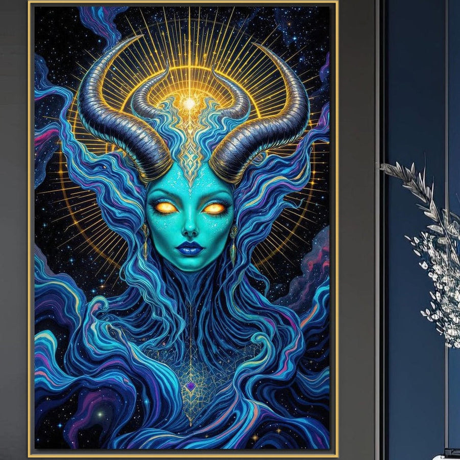 LuxCanva® Tablou Canvas Premium, model G1245 "Vortex Celest Queen", prezintă o zeiță mistică albastră cu ochi hipnotici, coarne și păr galactic, pe fundal cosmic cu stele-perfect pentru salon, living sau dormitor.