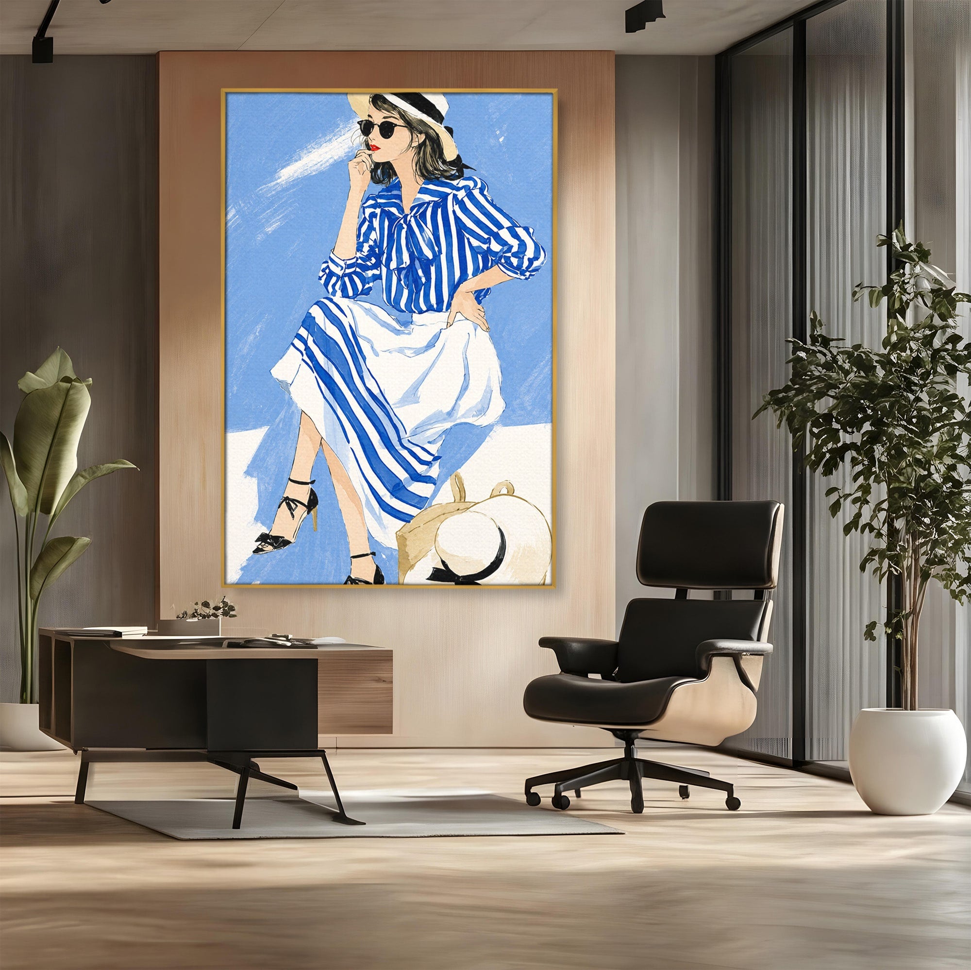 Tablou Canvas Premium LuxCanva® G1247, Femeie Eleganta In Albastru, Femeie, Moda, Eleganta, Birou, Stil, Vacanta, Culori Vibrante