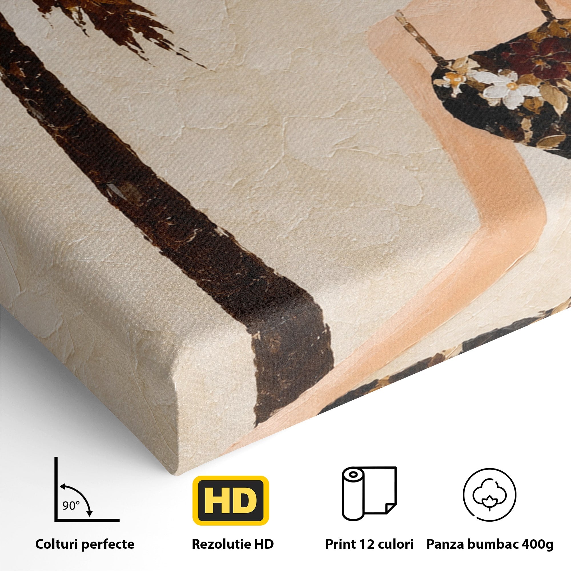 Tablou Canvas Premium LuxCanva® G1252, Femeie Eleganta Sub Palmier, Femeie, Eleganta, Palmier, Plaja, Living, Culori Vibrante