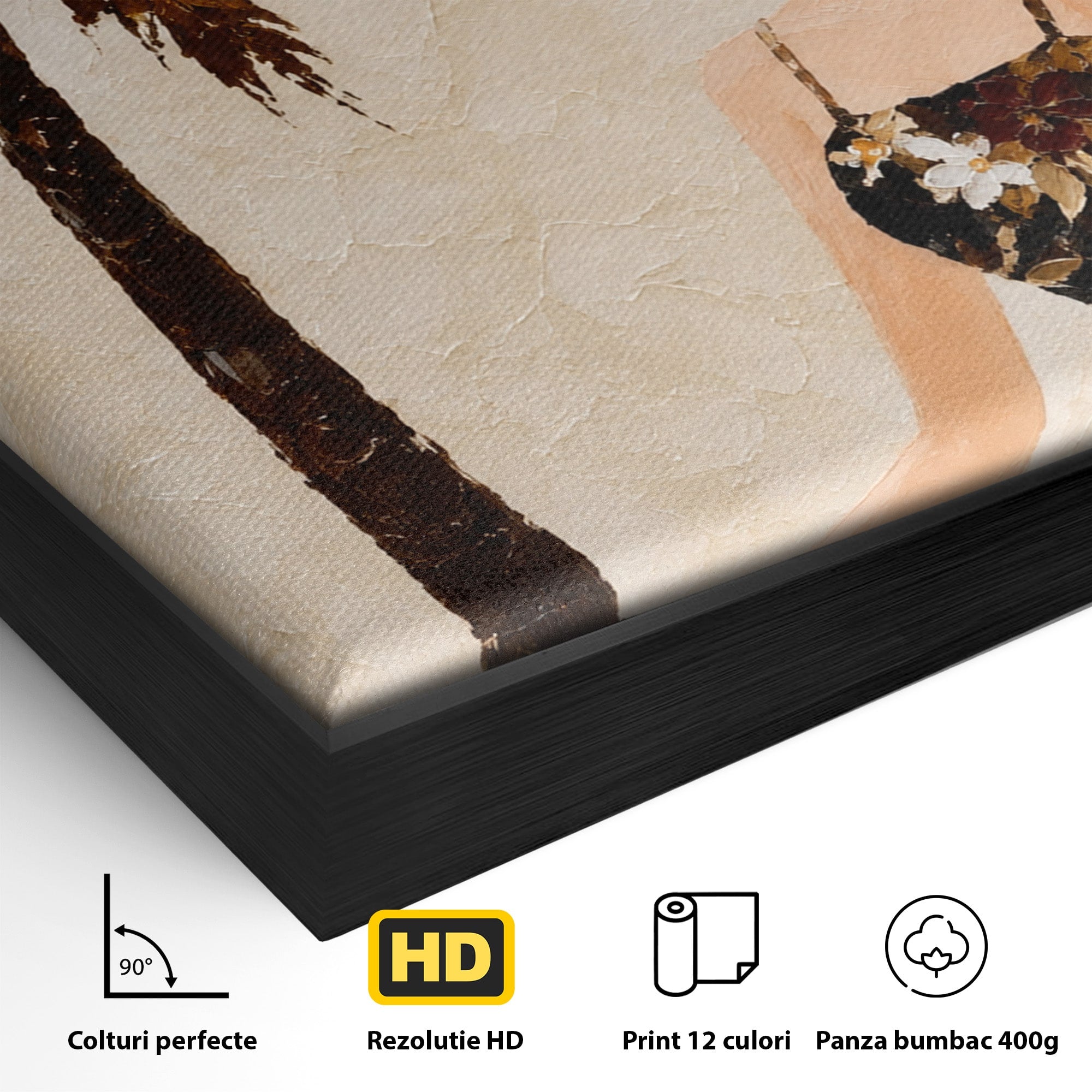 Tablou Canvas Premium LuxCanva® G1252, Femeie Eleganta Sub Palmier, Femeie, Eleganta, Palmier, Plaja, Living, Culori Vibrante