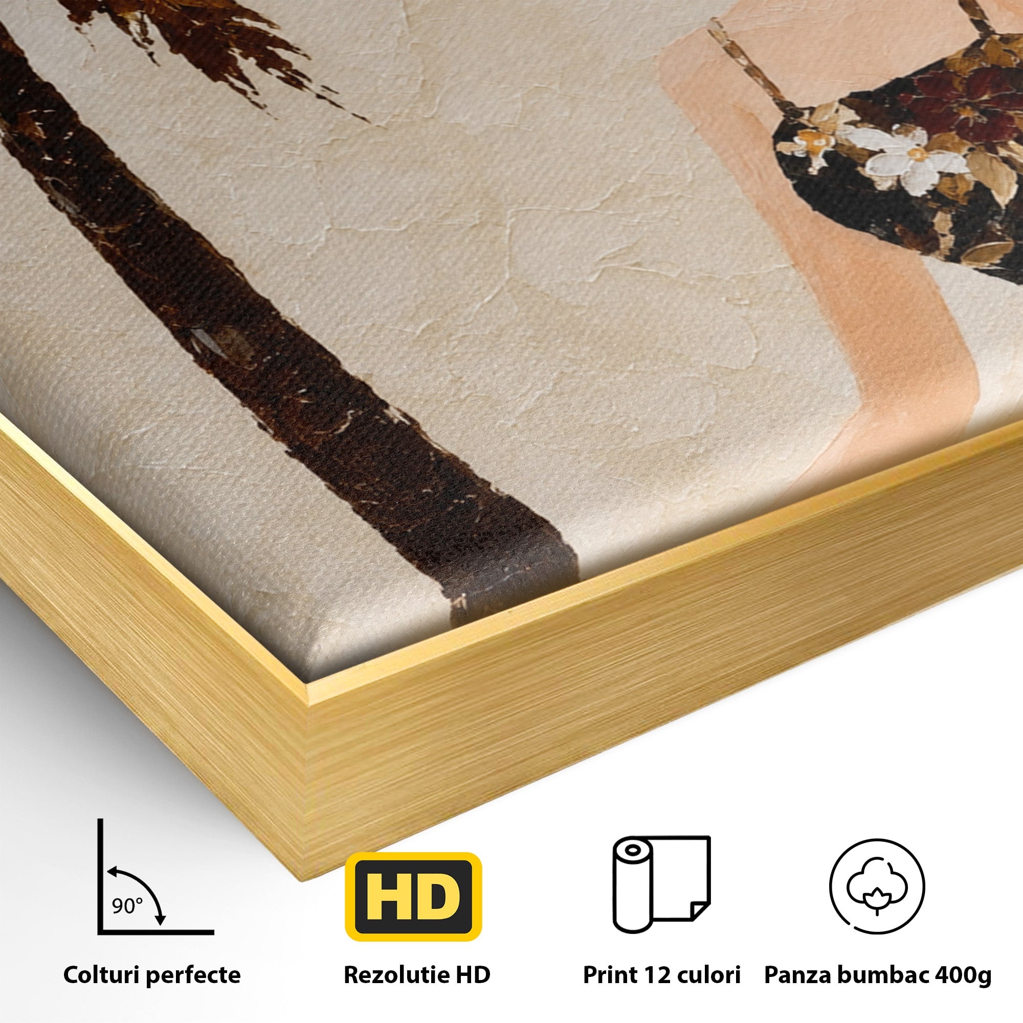 Tablou Canvas Premium LuxCanva® G1252, Femeie Eleganta Sub Palmier, Femeie, Eleganta, Palmier, Plaja, Living, Culori Vibrante