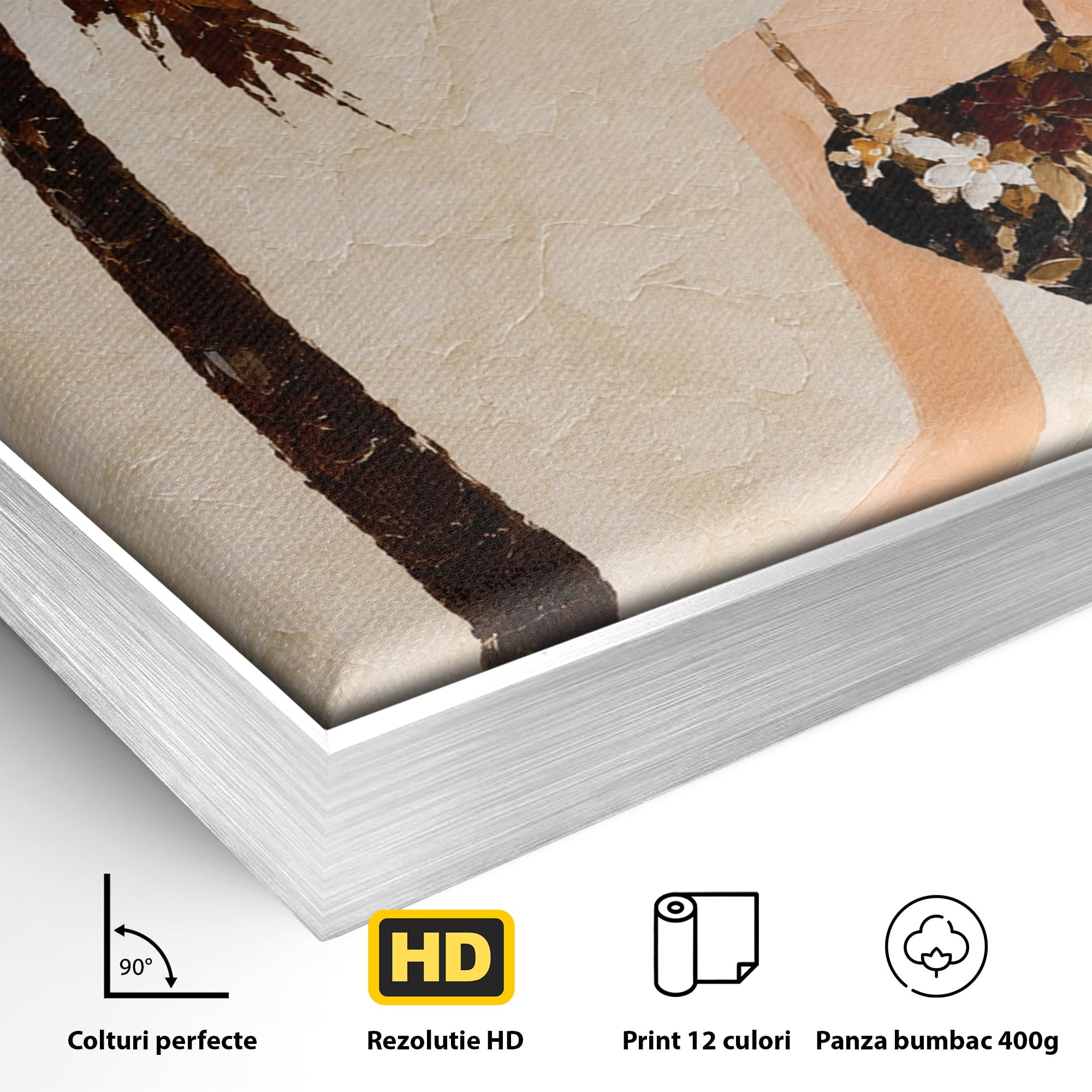 Tablou Canvas Premium LuxCanva® G1252, Femeie Eleganta Sub Palmier, Femeie, Eleganta, Palmier, Plaja, Living, Culori Vibrante