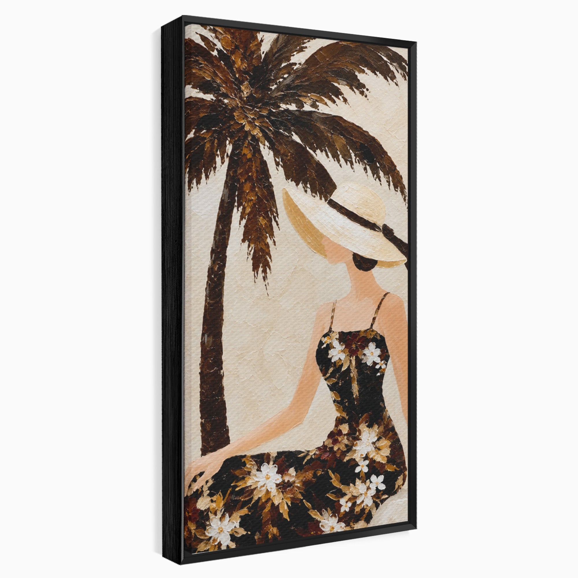 Tablou Canvas Premium LuxCanva® G1252, Femeie Eleganta Sub Palmier, Femeie, Eleganta, Palmier, Plaja, Living, Culori Vibrante