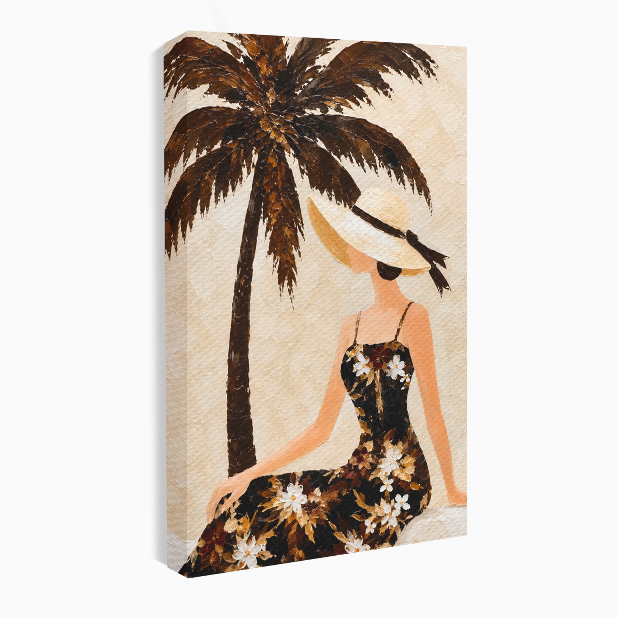 Tablou Canvas Premium LuxCanva® G1252, Femeie Eleganta Sub Palmier, Femeie, Eleganta, Palmier, Plaja, Living, Culori Vibrante