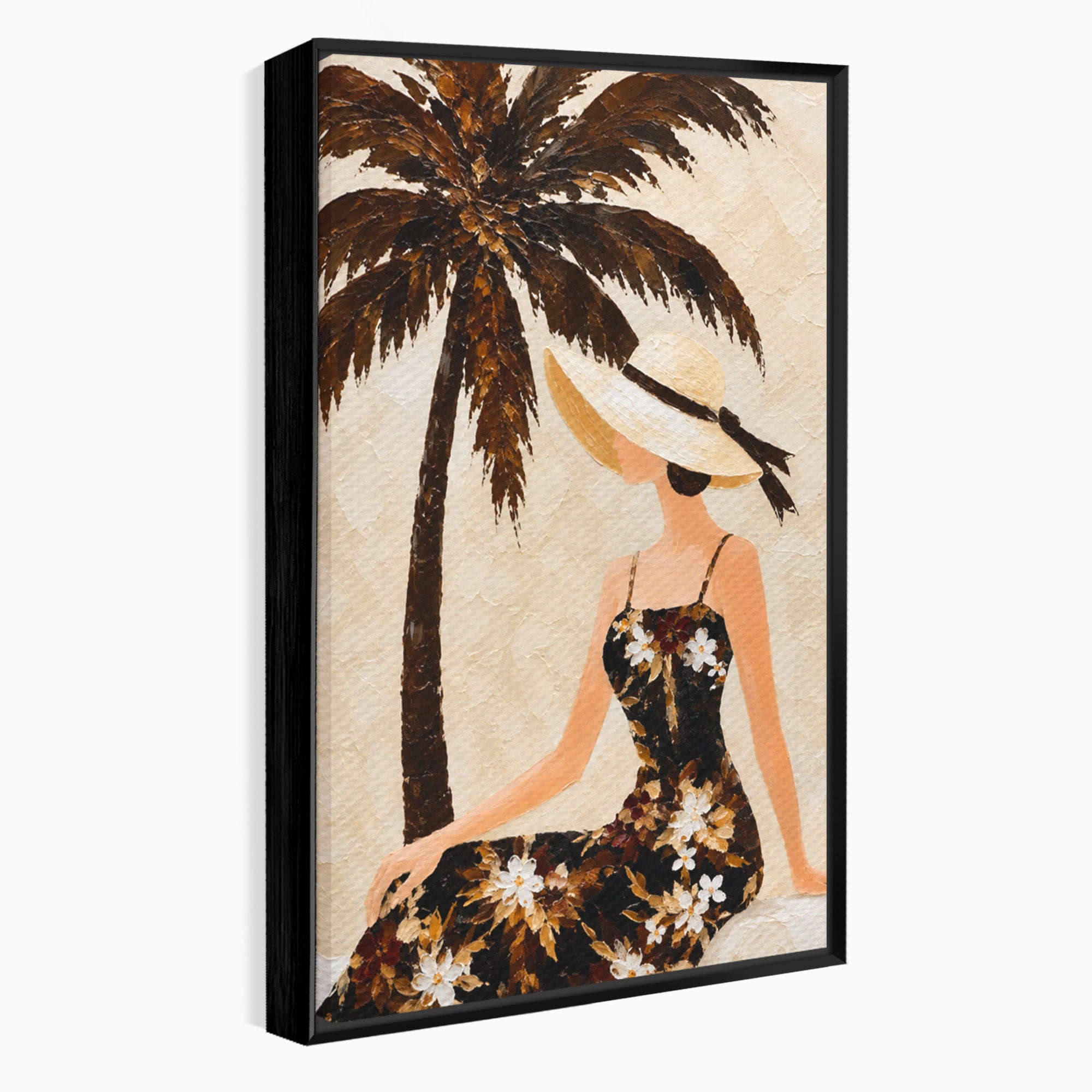 Tablou Canvas Premium LuxCanva® G1252, Femeie Eleganta Sub Palmier, Femeie, Eleganta, Palmier, Plaja, Living, Culori Vibrante