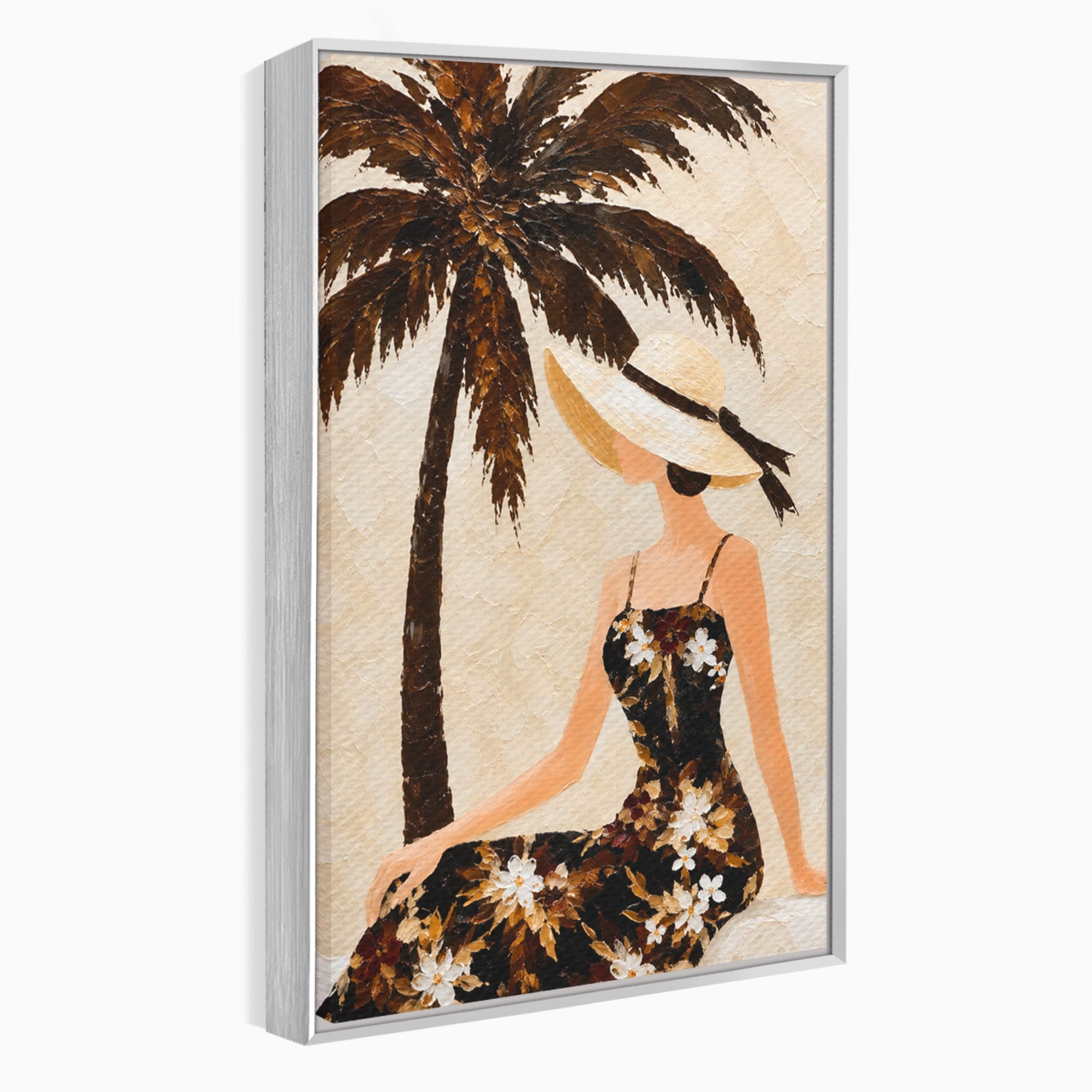 Tablou Canvas Premium LuxCanva® G1252, Femeie Eleganta Sub Palmier, Femeie, Eleganta, Palmier, Plaja, Living, Culori Vibrante