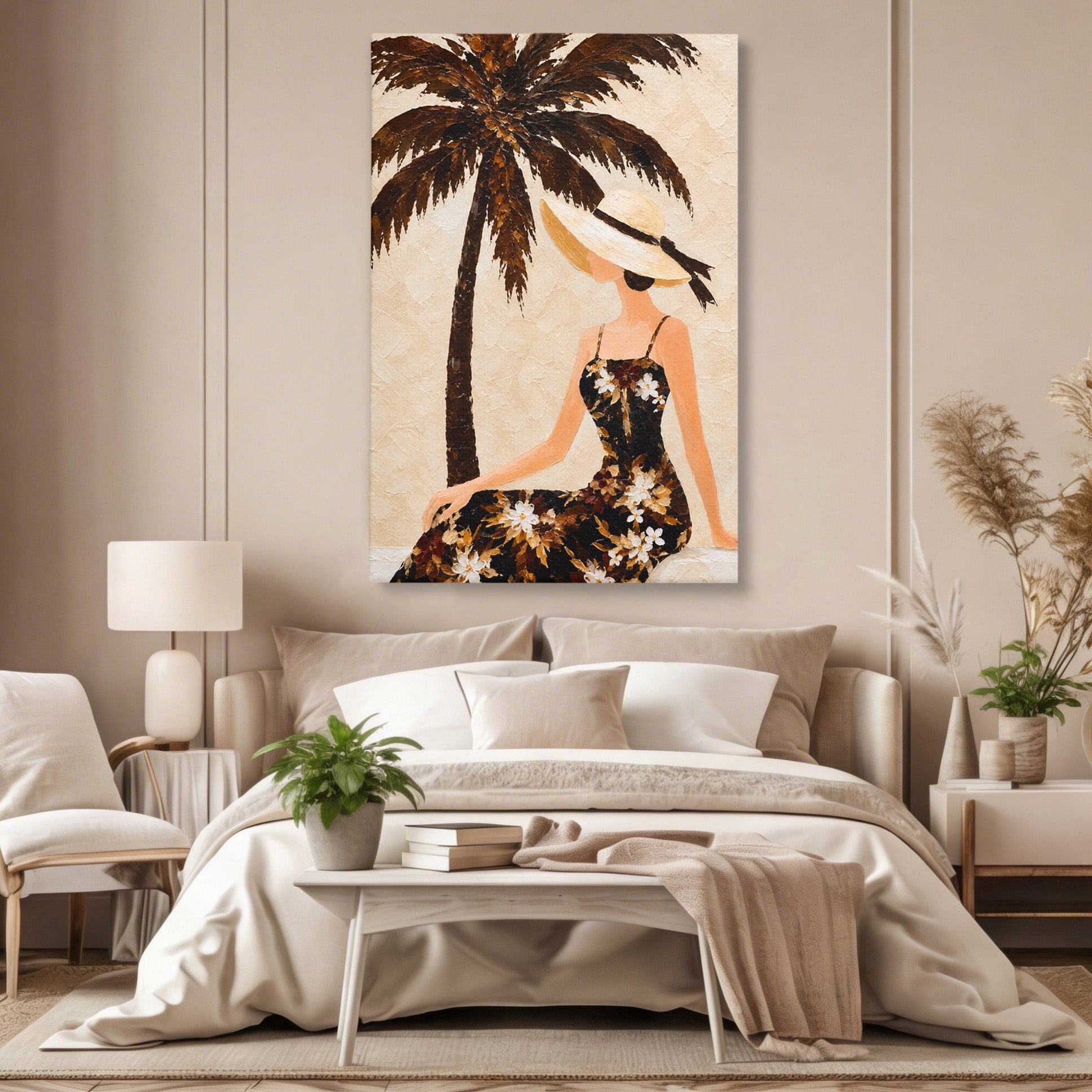 Tablou Canvas Premium LuxCanva® G1252, Femeie Eleganta Sub Palmier, Femeie, Eleganta, Palmier, Plaja, Living, Culori Vibrante