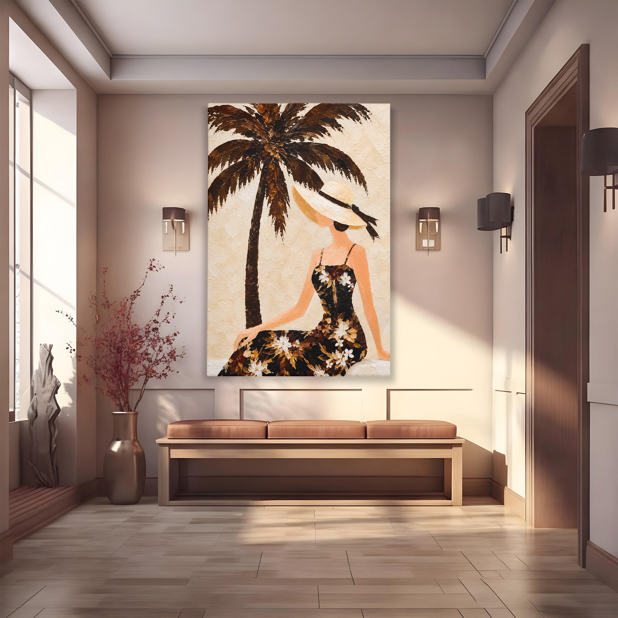 Tablou Canvas Premium LuxCanva® G1252, Femeie Eleganta Sub Palmier, Femeie, Eleganta, Palmier, Plaja, Living, Culori Vibrante