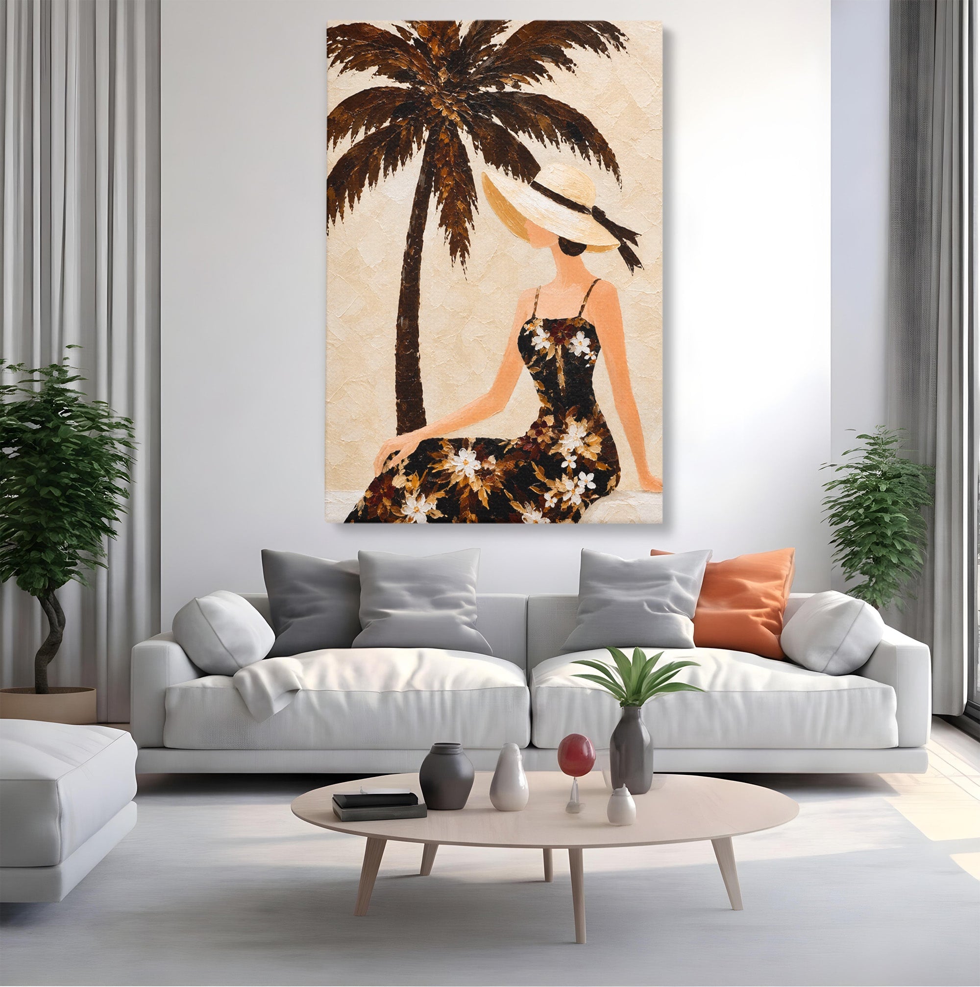 Tablou Canvas Premium LuxCanva® G1252, Femeie Eleganta Sub Palmier, Femeie, Eleganta, Palmier, Plaja, Living, Culori Vibrante