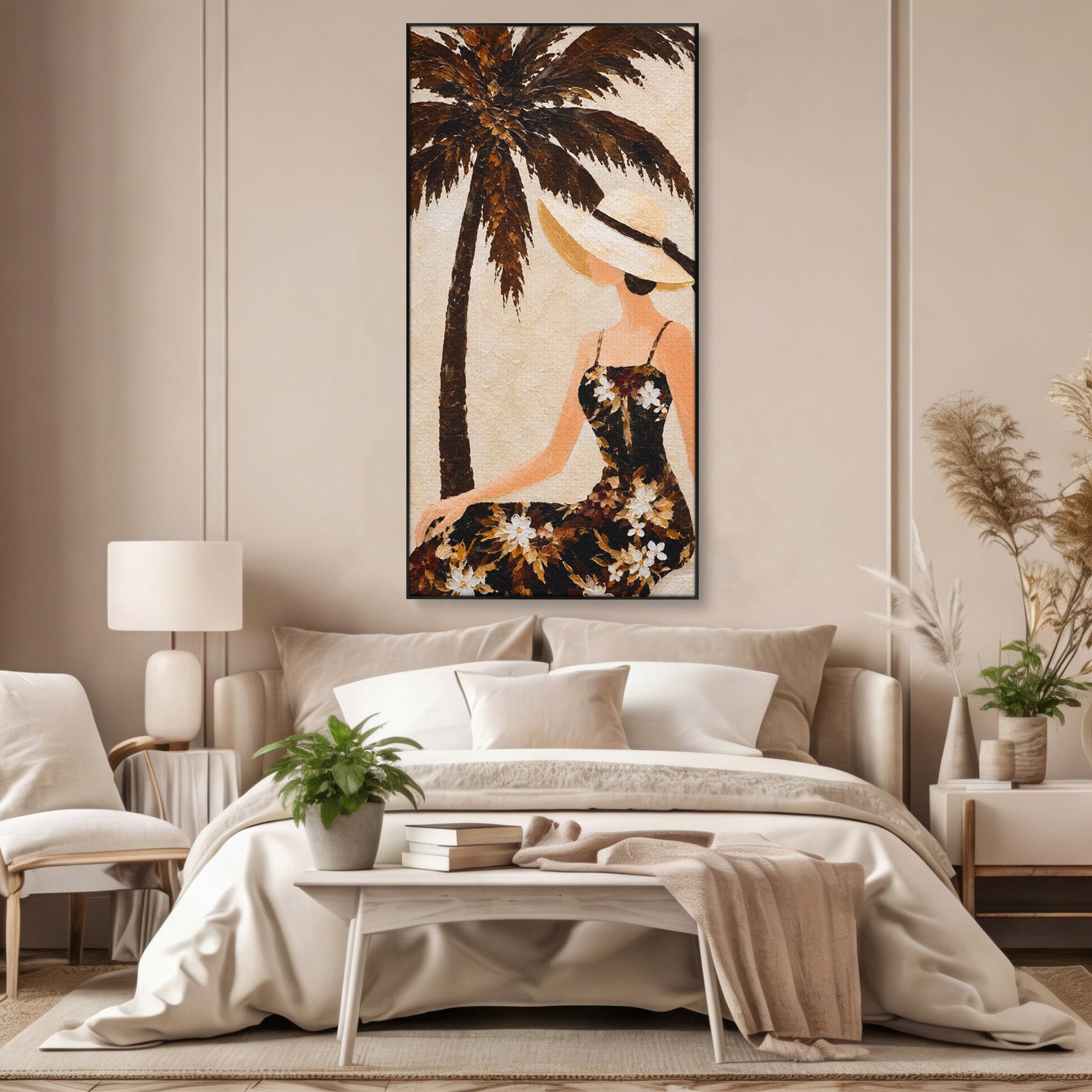 Tablou Canvas Premium LuxCanva® G1252, Femeie Eleganta Sub Palmier, Femeie, Eleganta, Palmier, Plaja, Living, Culori Vibrante
