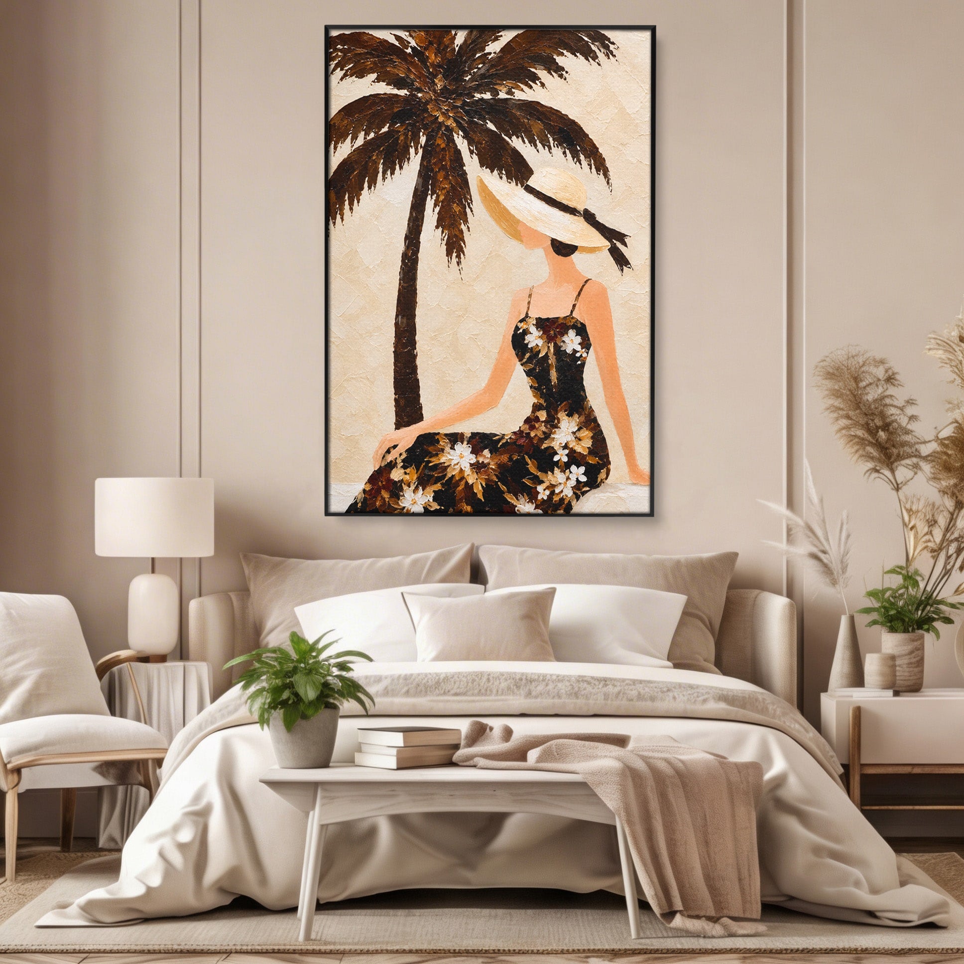 Tablou Canvas Premium LuxCanva® G1252, Femeie Eleganta Sub Palmier, Femeie, Eleganta, Palmier, Plaja, Living, Culori Vibrante