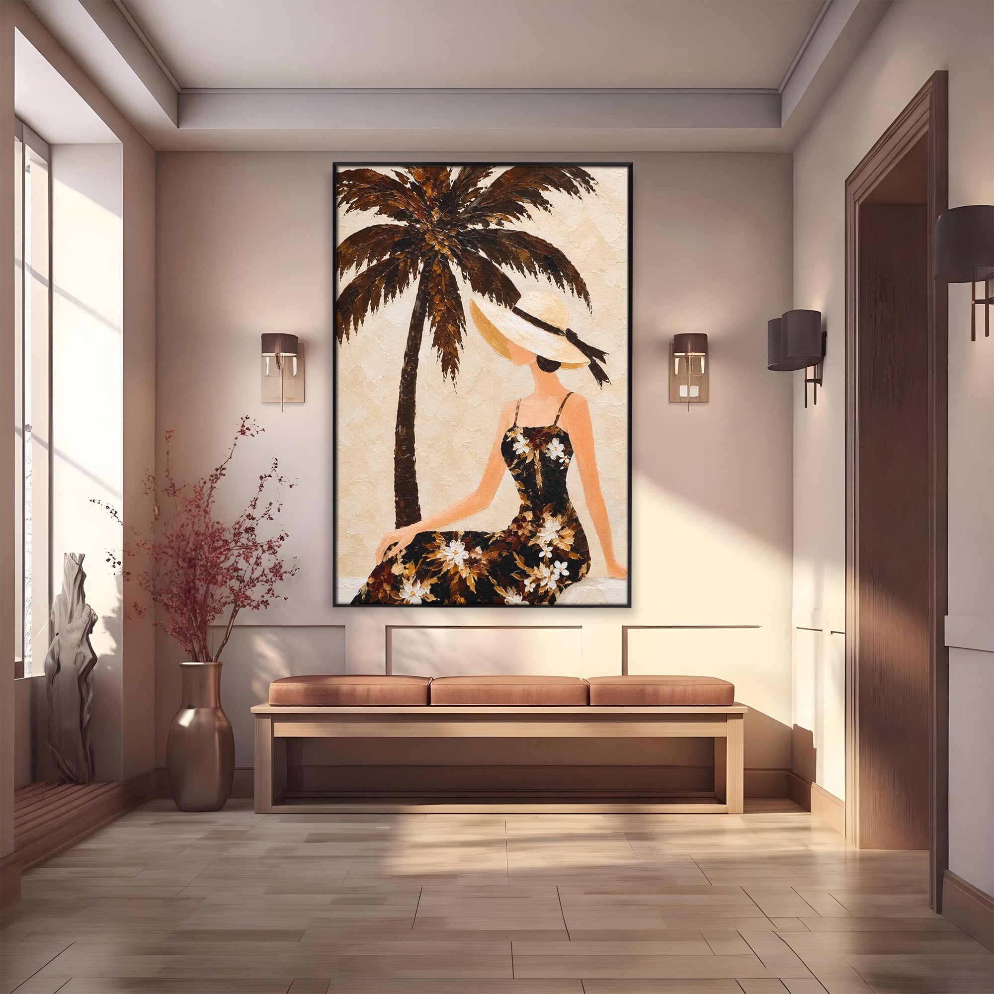 Tablou Canvas Premium LuxCanva® G1252, Femeie Eleganta Sub Palmier, Femeie, Eleganta, Palmier, Plaja, Living, Culori Vibrante