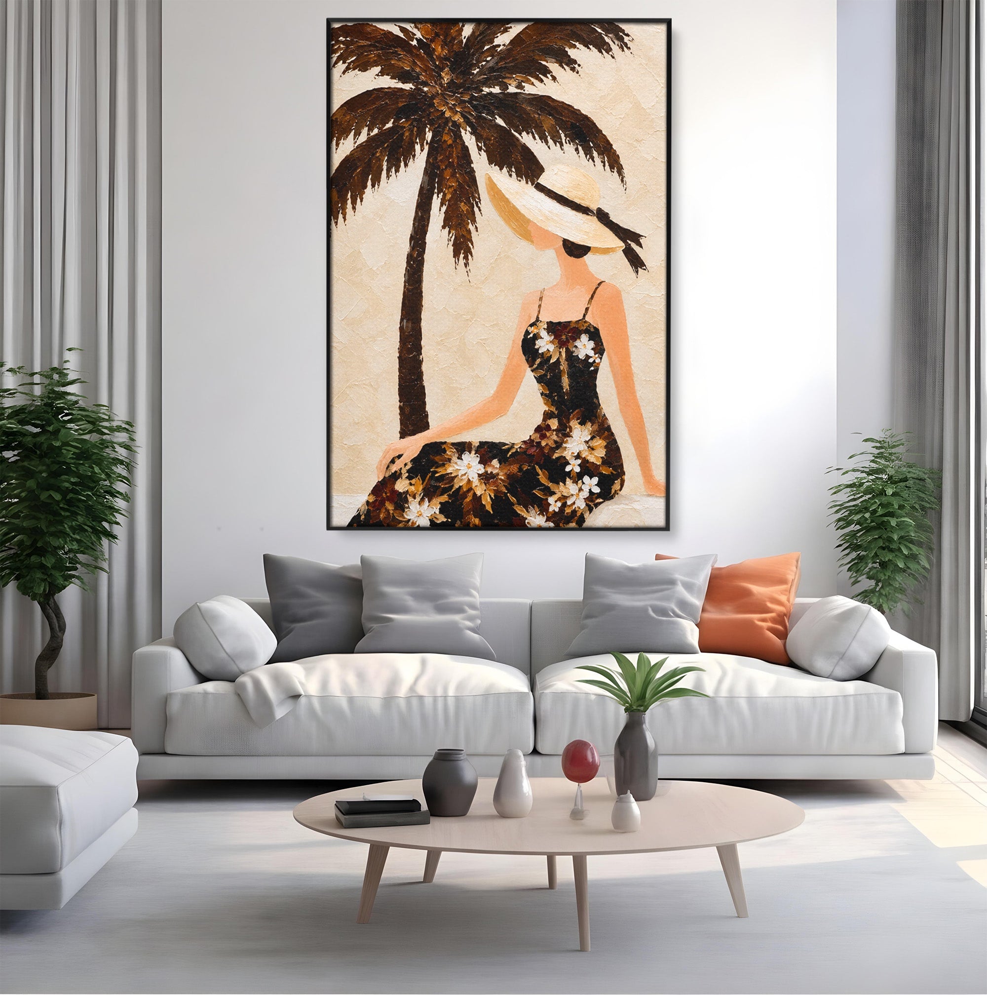 Tablou Canvas Premium LuxCanva® G1252, Femeie Eleganta Sub Palmier, Femeie, Eleganta, Palmier, Plaja, Living, Culori Vibrante