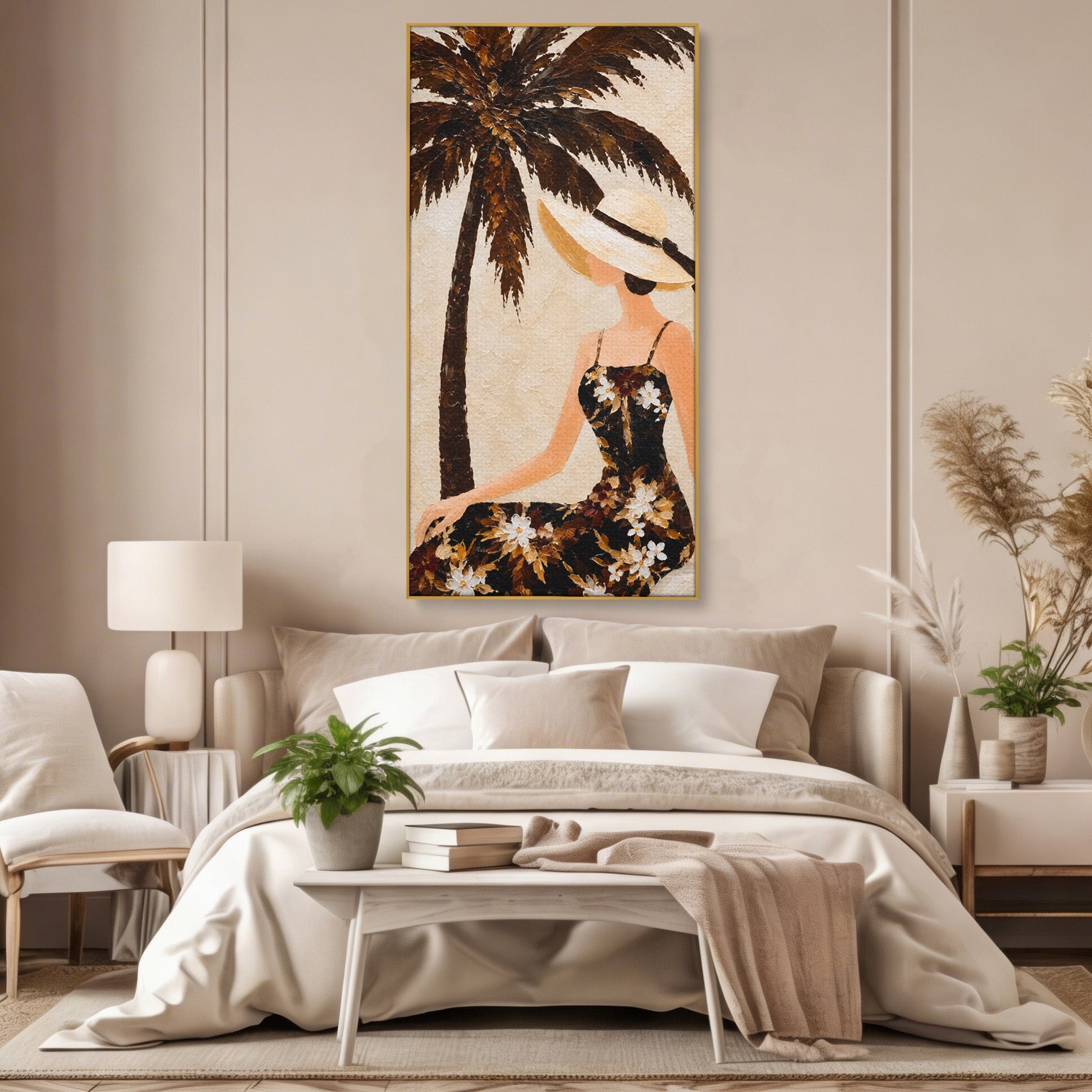 Tablou Canvas Premium LuxCanva® G1252, Femeie Eleganta Sub Palmier, Femeie, Eleganta, Palmier, Plaja, Living, Culori Vibrante