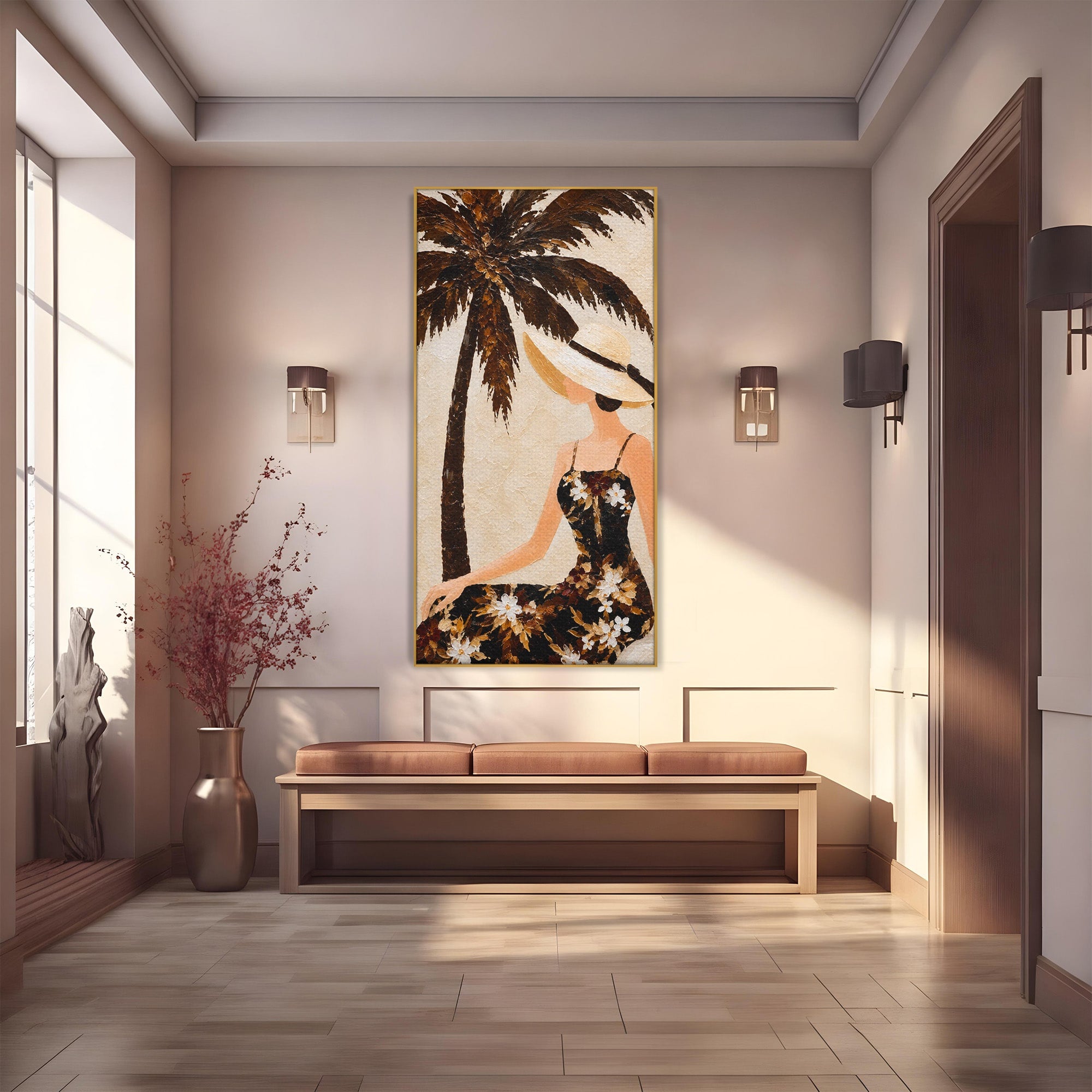 Tablou Canvas Premium LuxCanva® G1252, Femeie Eleganta Sub Palmier, Femeie, Eleganta, Palmier, Plaja, Living, Culori Vibrante