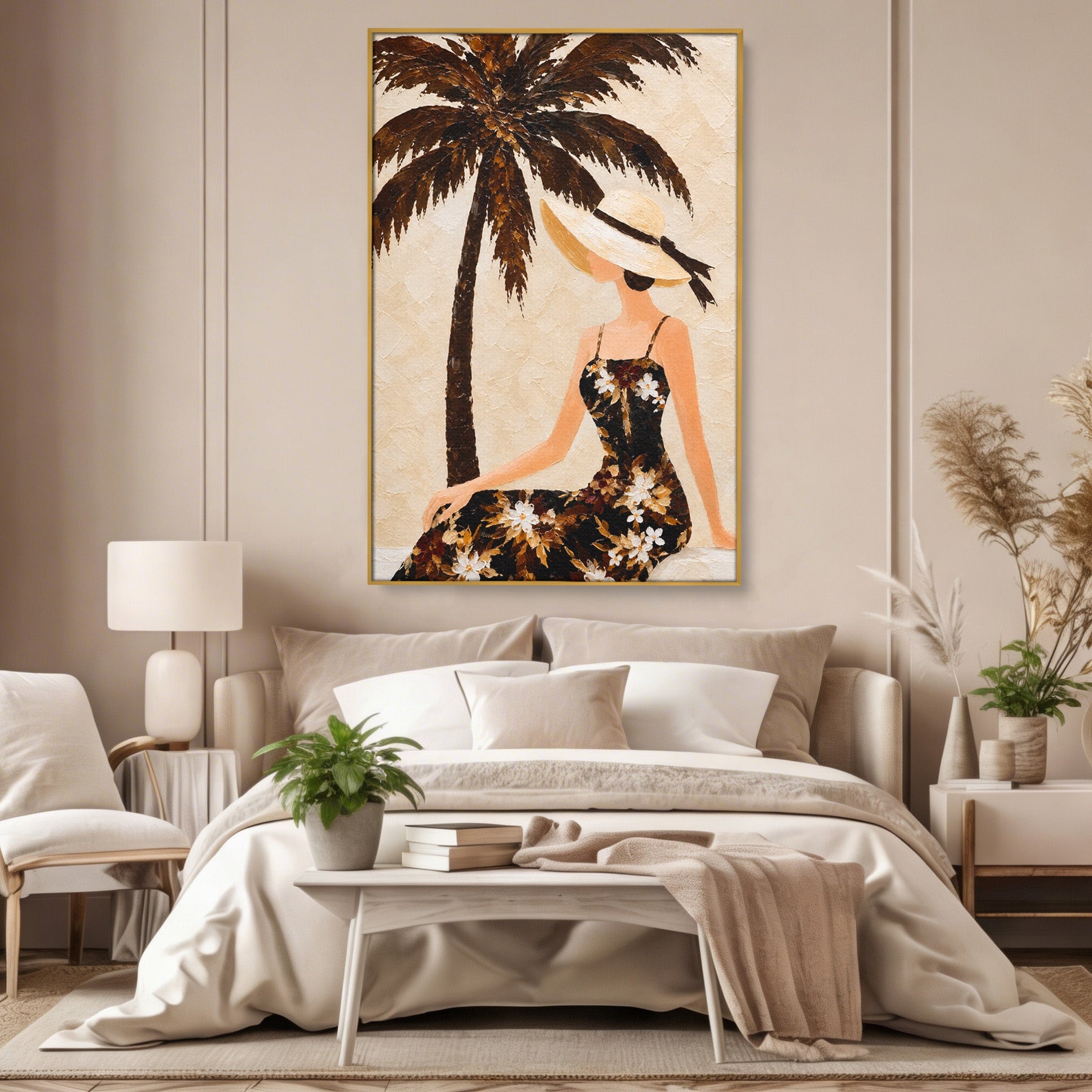 Tablou Canvas Premium LuxCanva® G1252, Femeie Eleganta Sub Palmier, Femeie, Eleganta, Palmier, Plaja, Living, Culori Vibrante
