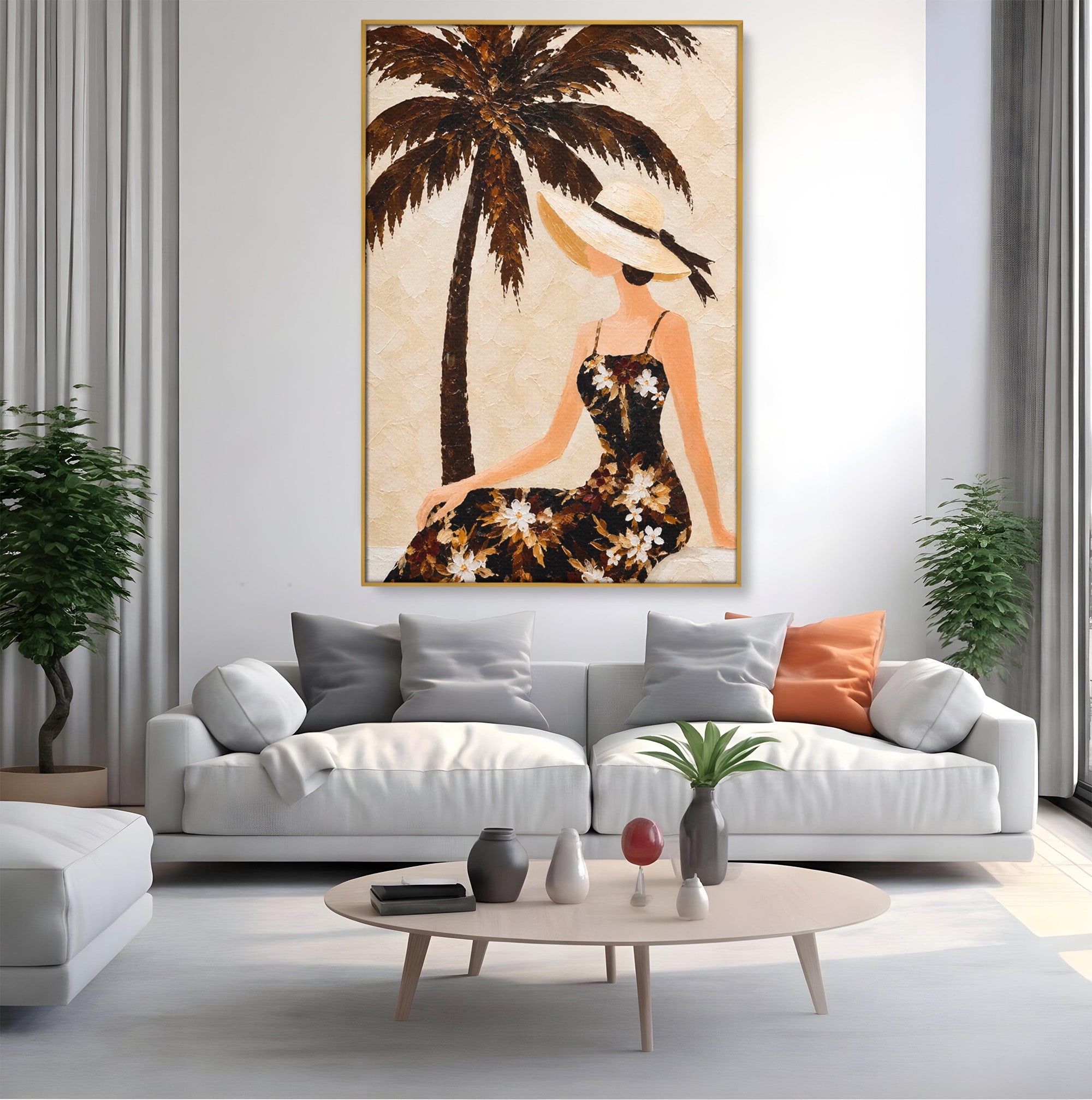 Tablou Canvas Premium LuxCanva® G1252, Femeie Eleganta Sub Palmier, Femeie, Eleganta, Palmier, Plaja, Living, Culori Vibrante