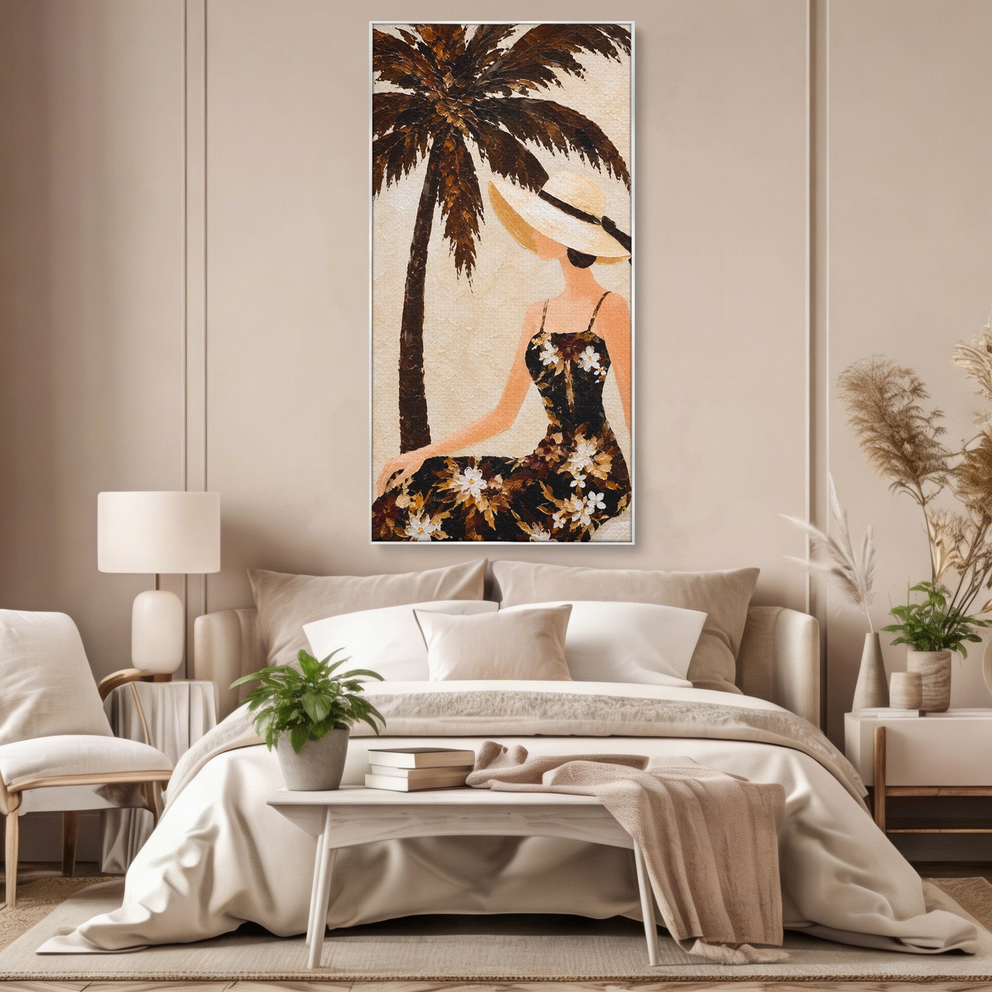 Tablou Canvas Premium LuxCanva® G1252, Femeie Eleganta Sub Palmier, Femeie, Eleganta, Palmier, Plaja, Living, Culori Vibrante