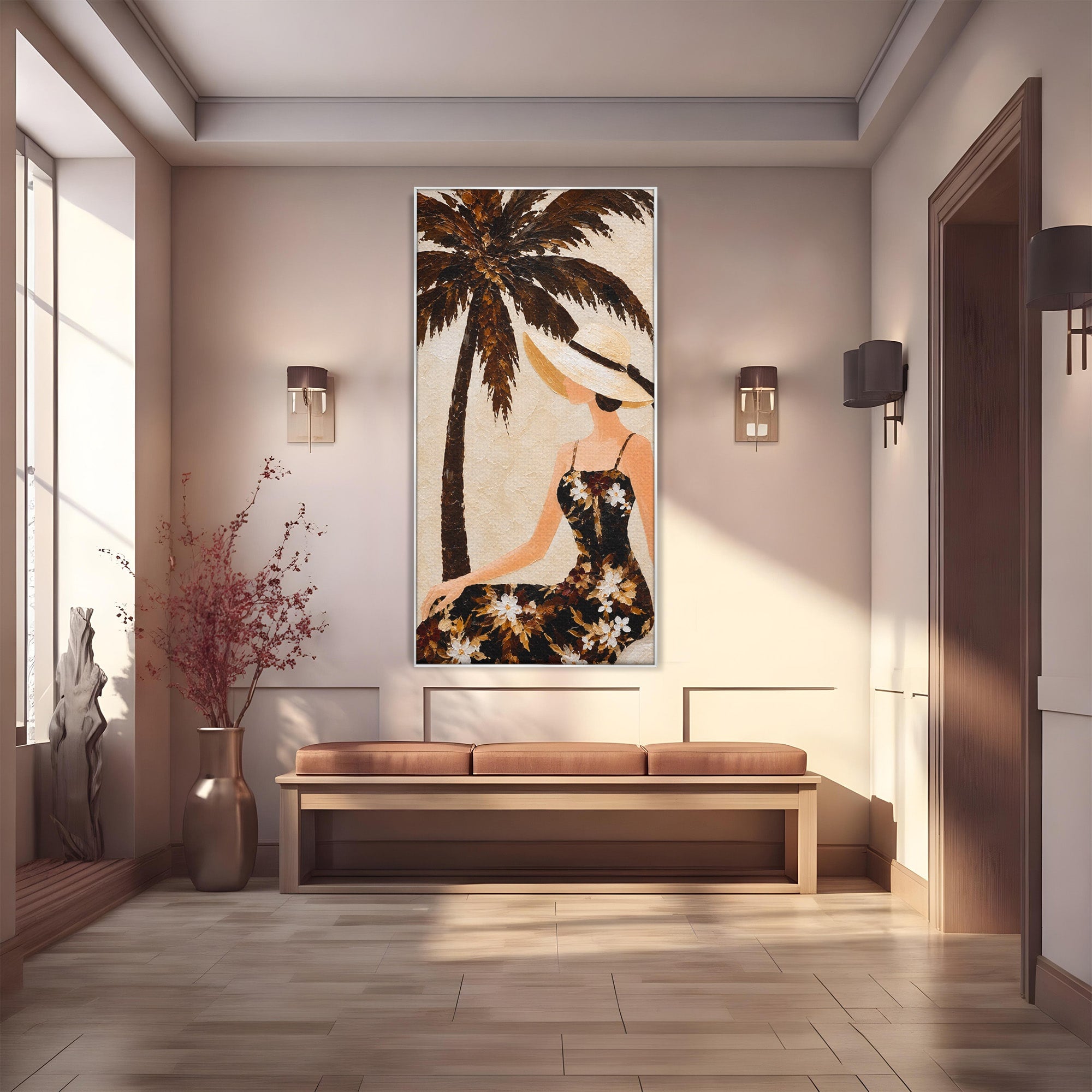 Tablou Canvas Premium LuxCanva® G1252, Femeie Eleganta Sub Palmier, Femeie, Eleganta, Palmier, Plaja, Living, Culori Vibrante